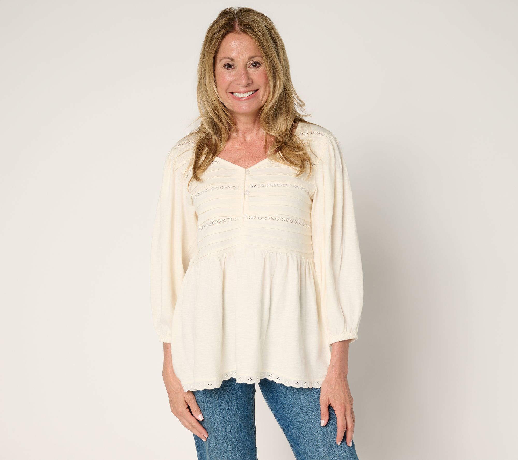 LOGO by Lori Goldstein 100% Cotton Top with Pintucks
