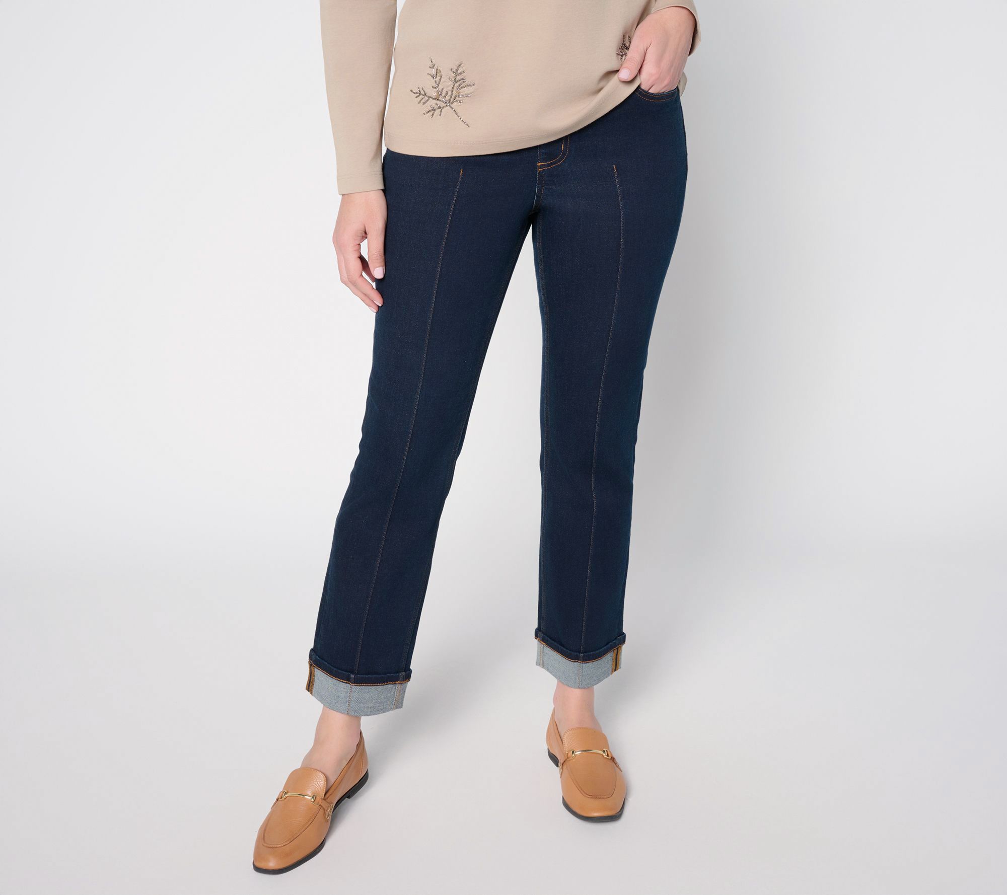 Denim & Co. Petite Indigo Easy Stretch Cuffed Ankle Jean