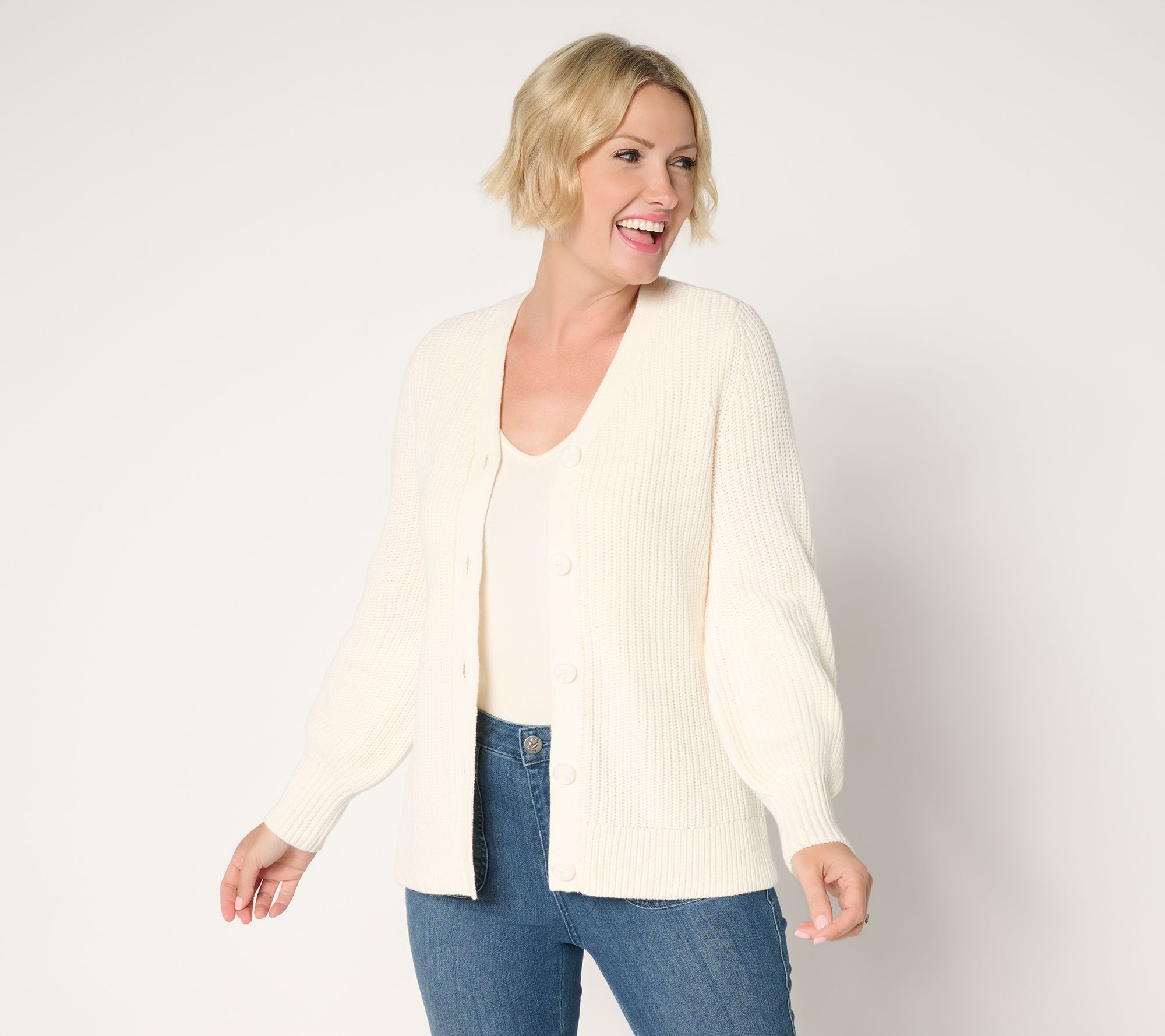 Belle by Kim Gravel Chunky Shaker Knit Bishop Sleeve Cardigan
