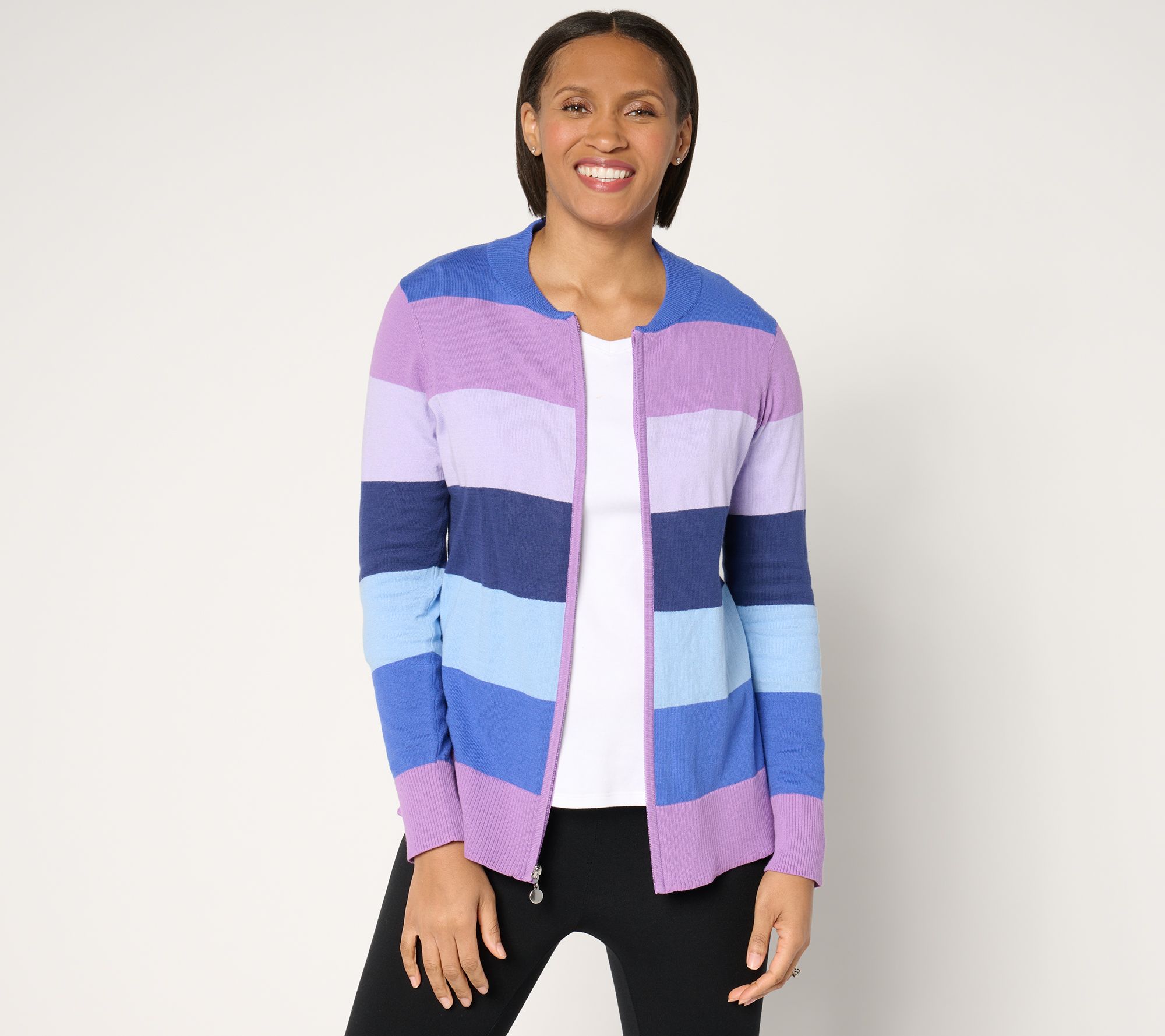 "As Is" Sport Savvy 100% Cotton Zip-Up Sweater with Bold Stripe