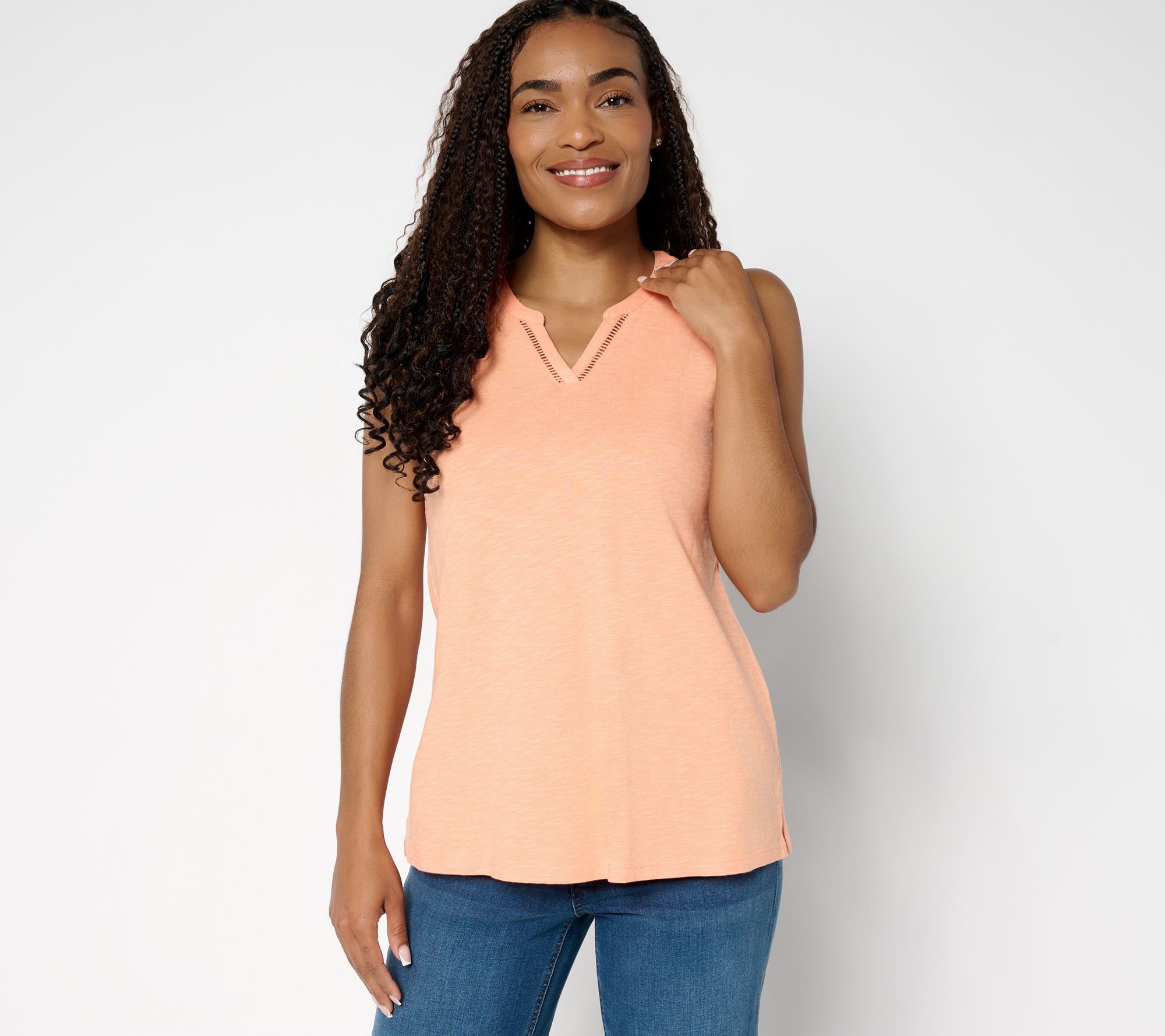 As Is Denim & Co. Slub Jersey Lattice Trim SplitNeckTank