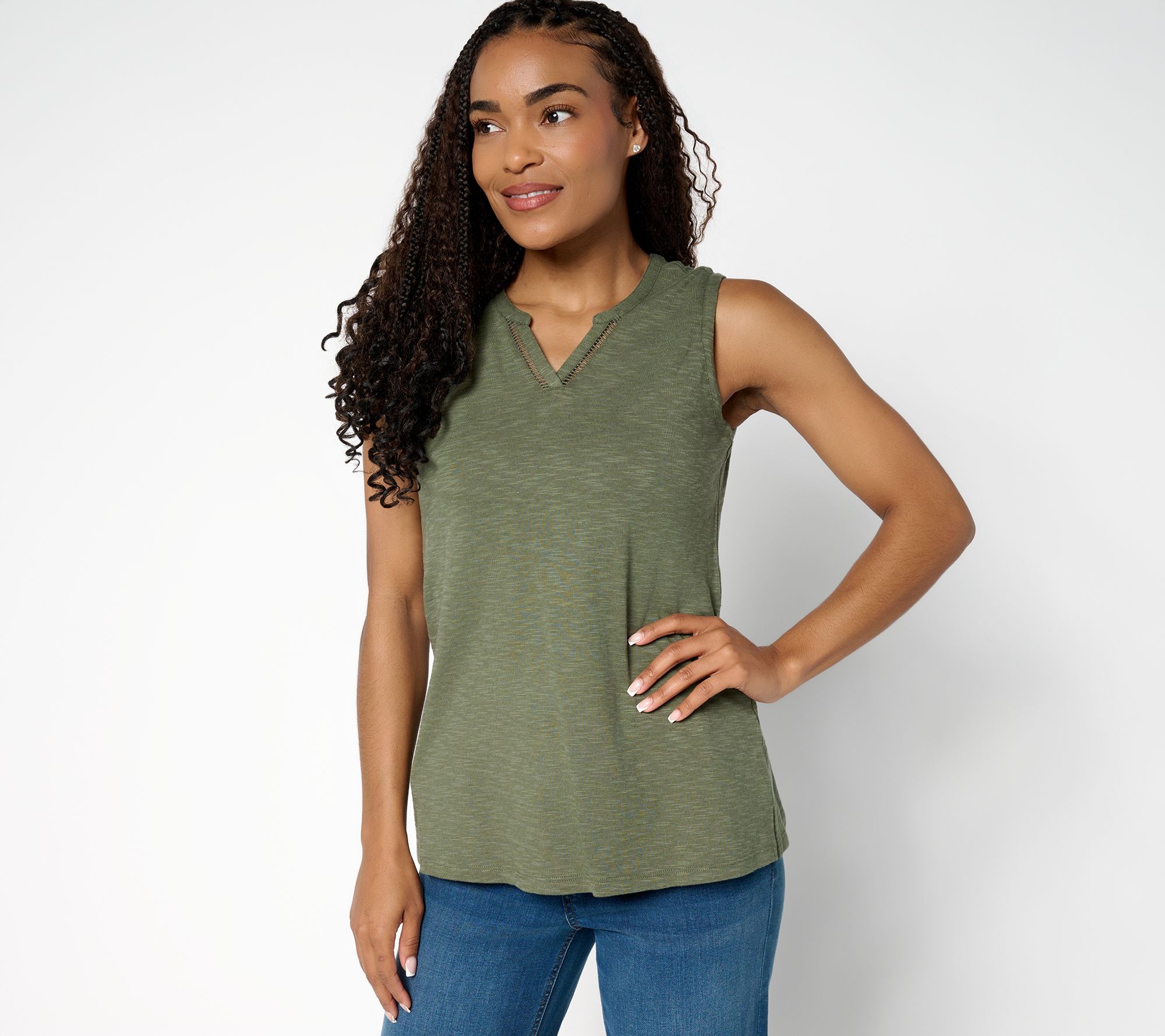 "As Is" Denim & Co. Slub Jersey Lattice Trim Split Neck Tank