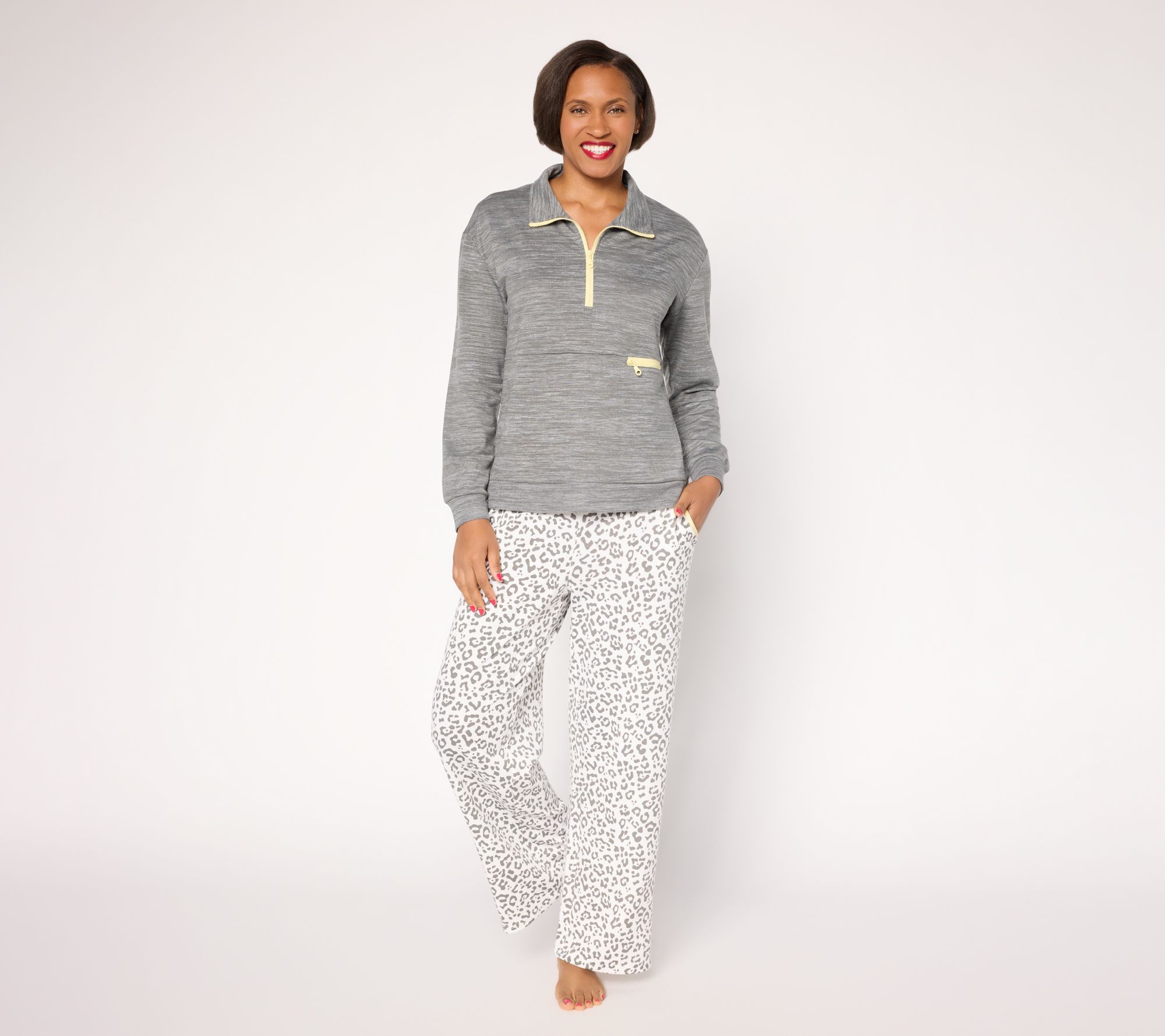MUK LUKS Petite French Terry Quarter Zip and Pant Lounge Set