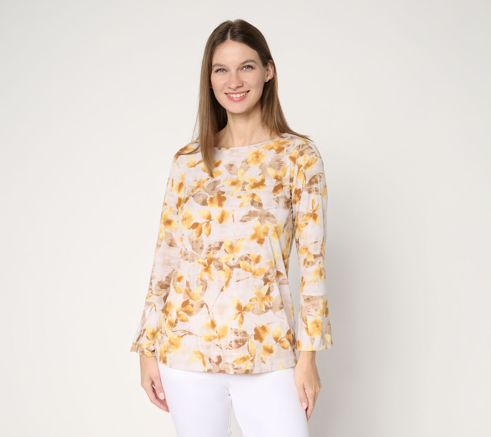 Susan Graver Printed Liquid Knit Bell-Sleeve Top