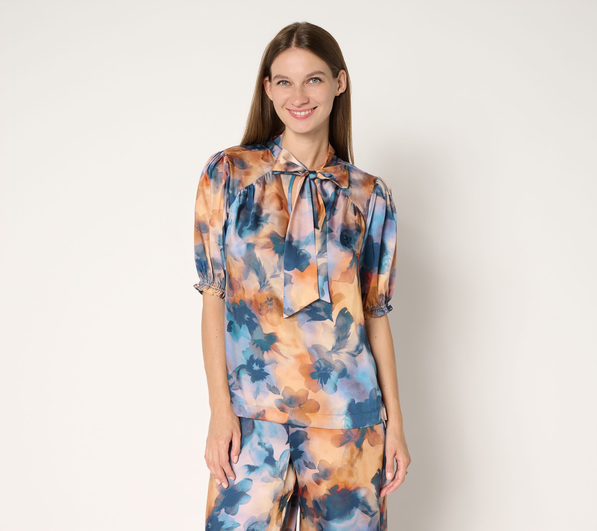 "As Is" Susan Graver Printed Satin Twill Bow Neck Elbow Sleeve Blouse