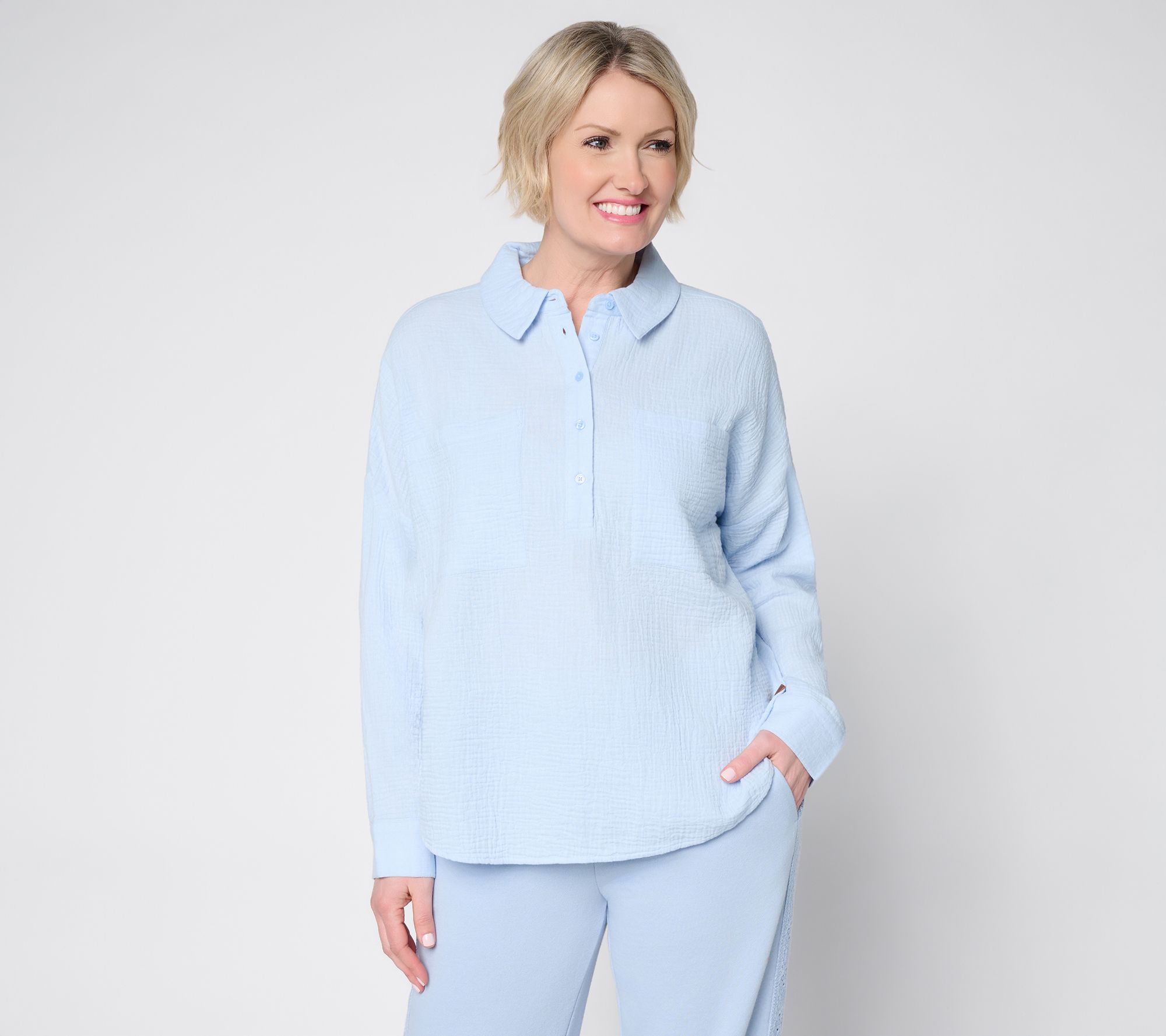 Peace Love World Cotton Gauze Long Sleeve Polo Top