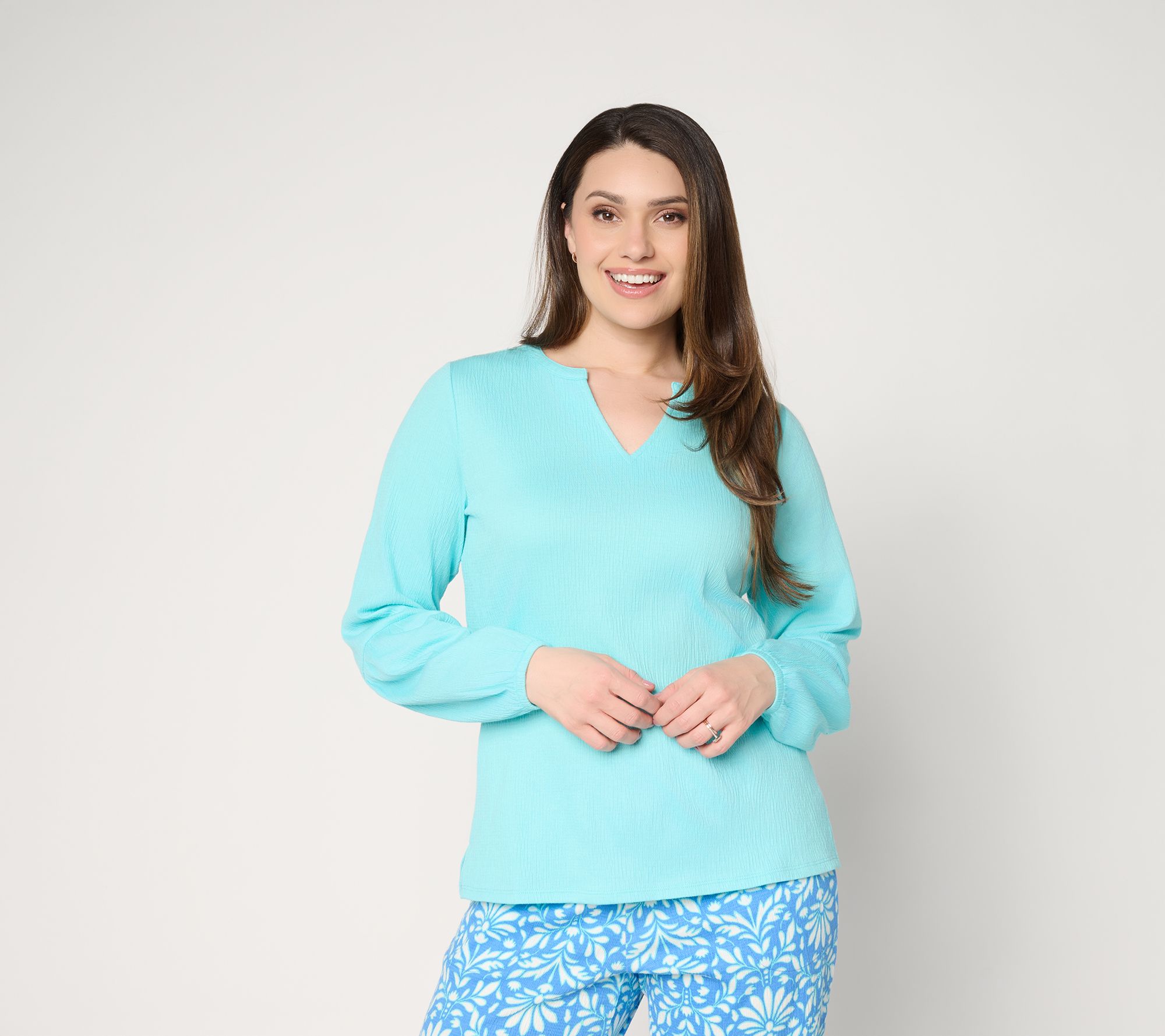 Belle by Kim Gravel Packabelle Blouson Sleeve Split Neck Top