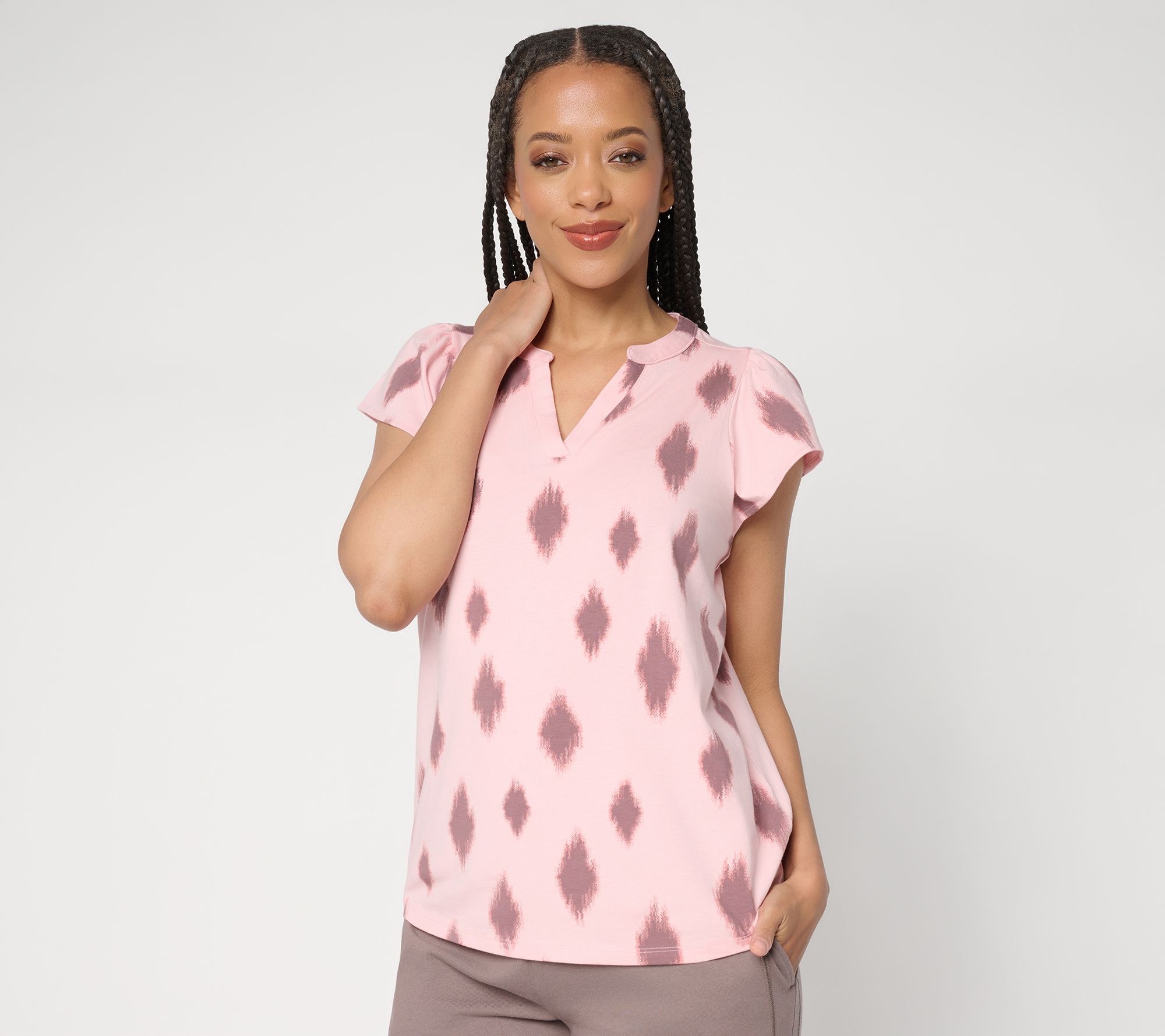 AnyBody Cozy Knit Jersey Printed Flutter Sleeve Top