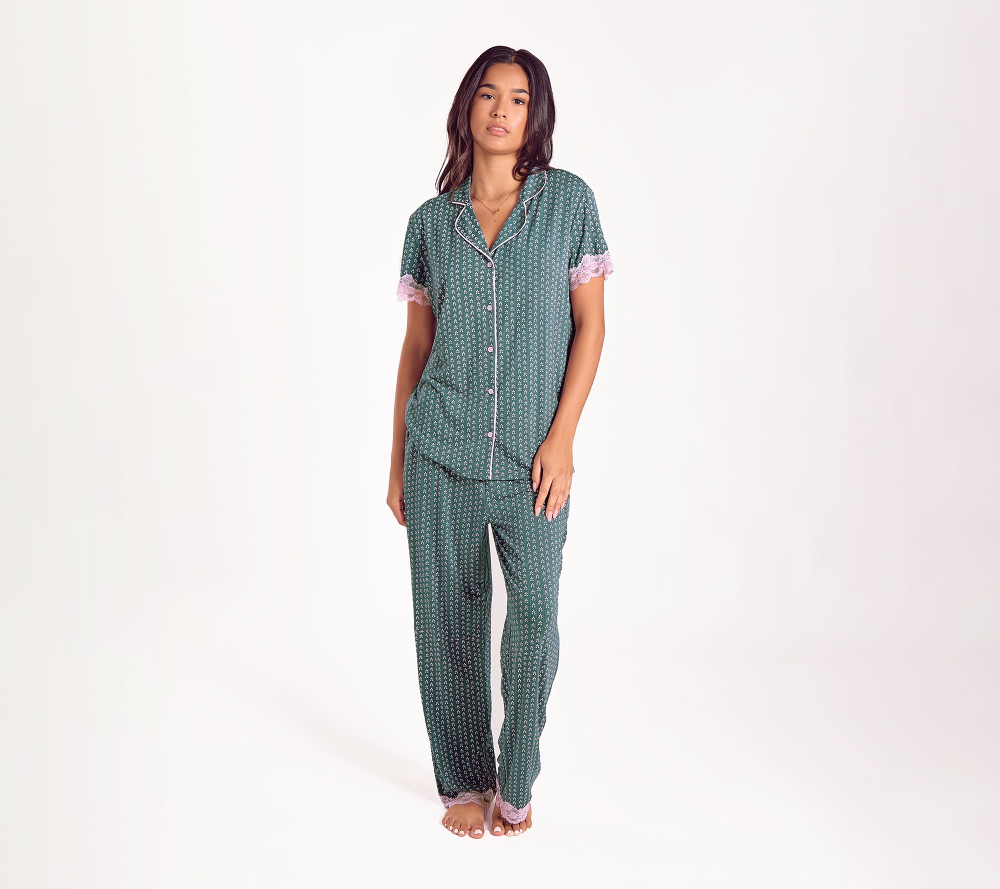 iCollection Bamboo Blend Knit PJ Set with Lace Trim Detail