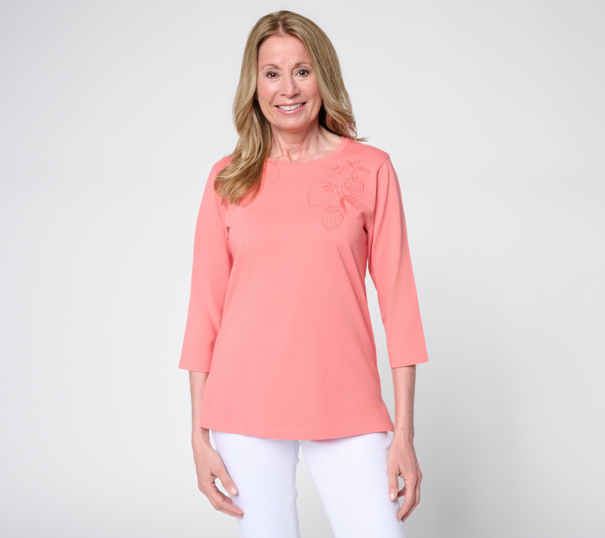 Denim & Co. 100% Cotton Round Neck 3/4 Sleeve Top w/ Embroidery