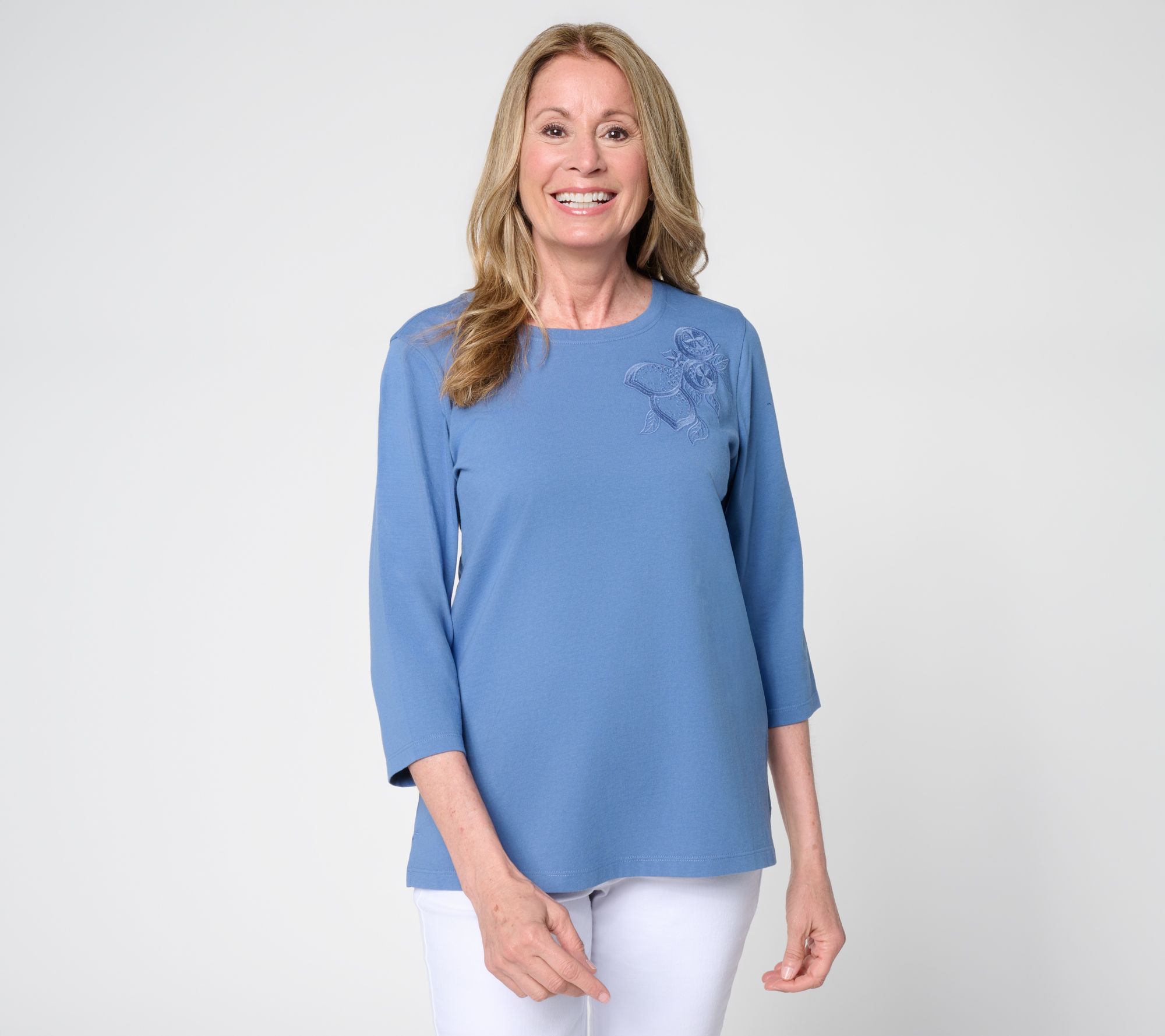 Denim & Co. 100% Cotton Round Neck 3/4 Sleeve Top w/ Embroidery