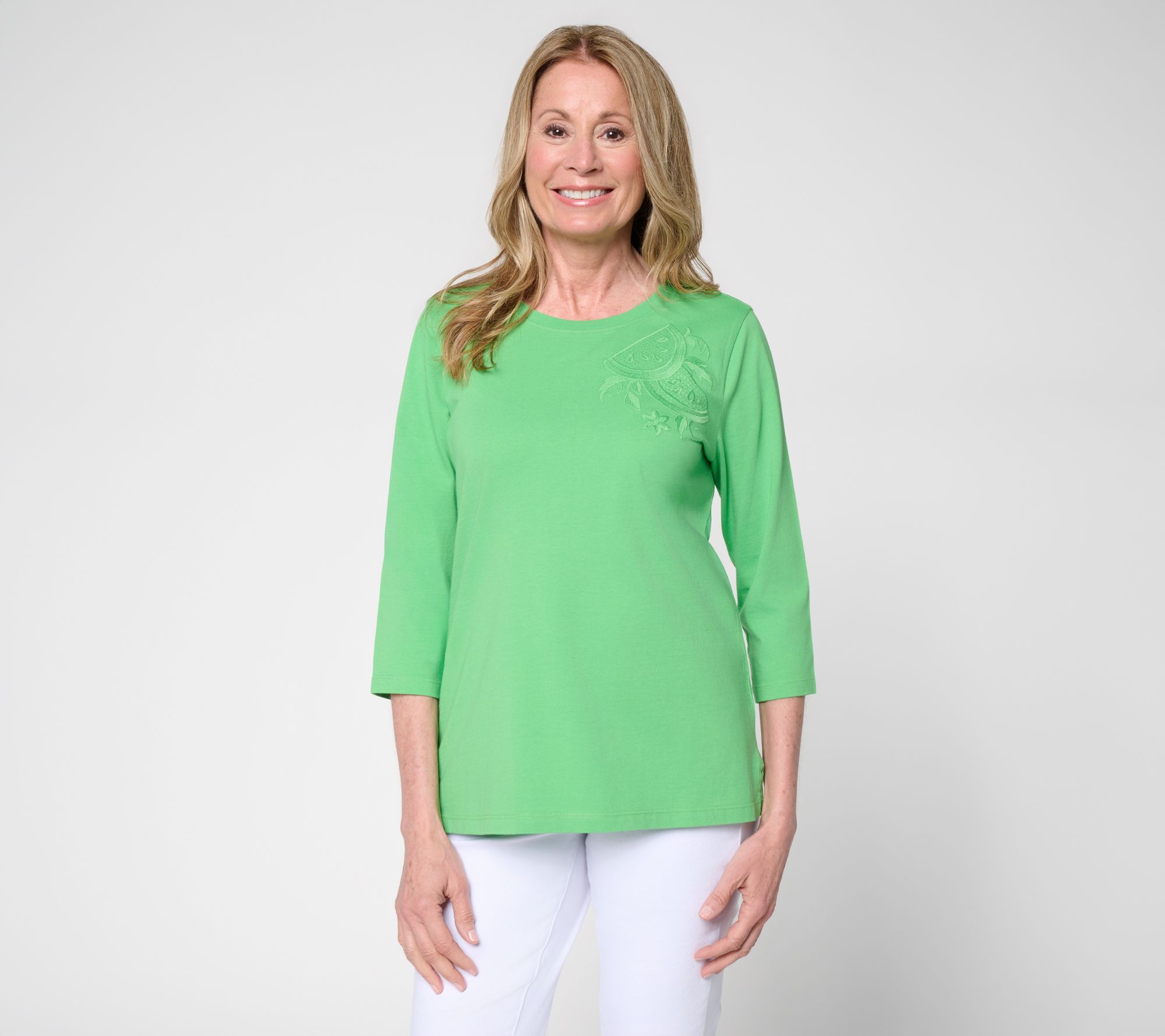 Denim & Co. 100% Cotton Round Neck 3/4 Sleeve Top w/ Embroidery