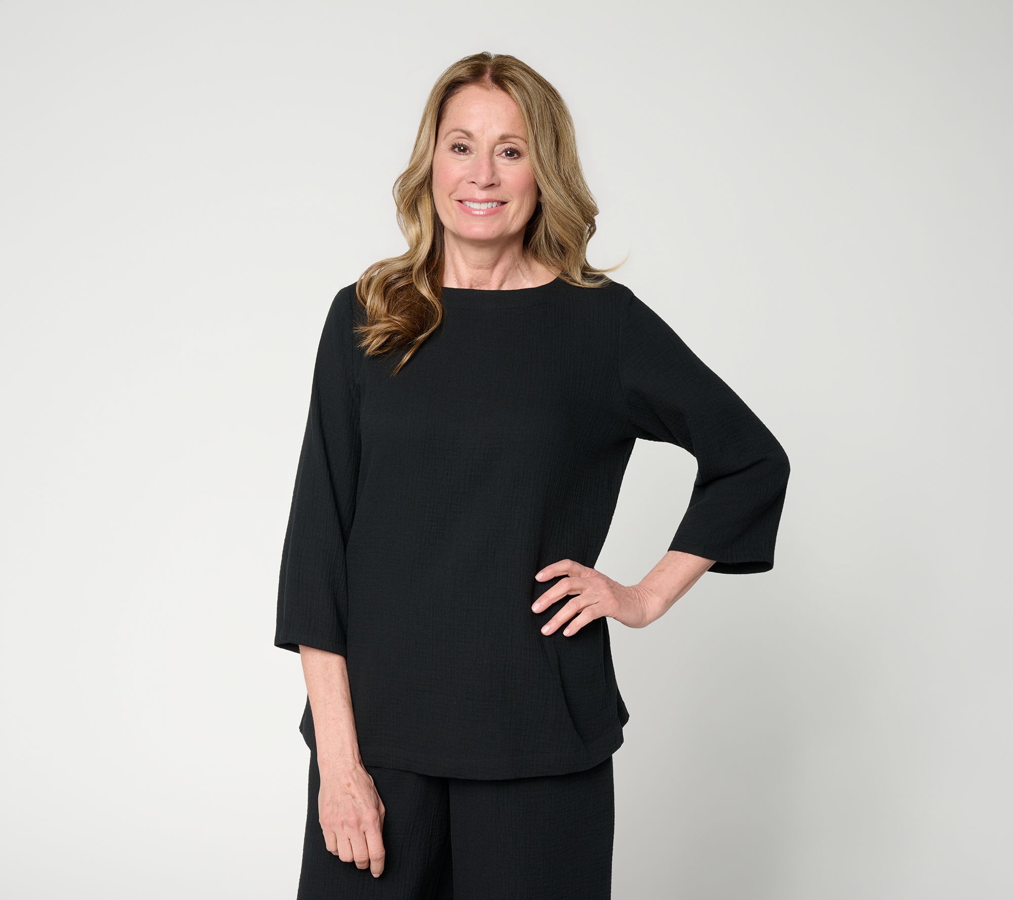 Joan Rivers Marshmallow Gauze Button-Back 3/4 Sleeve Top