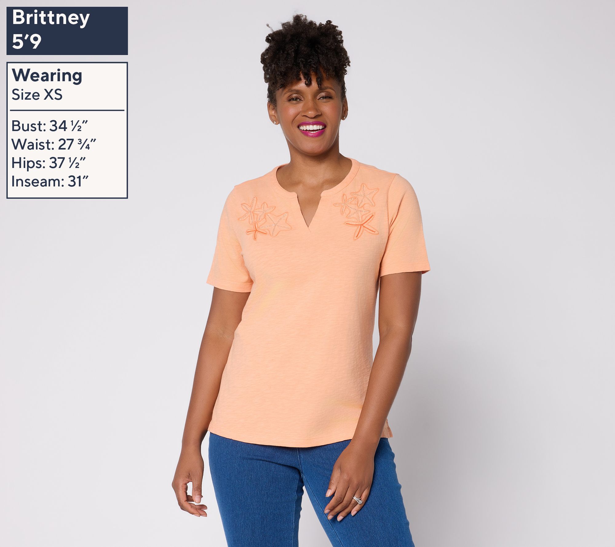 Denim & Co. Slub Jersey Embroidered Short Sleeve Split Neck Top