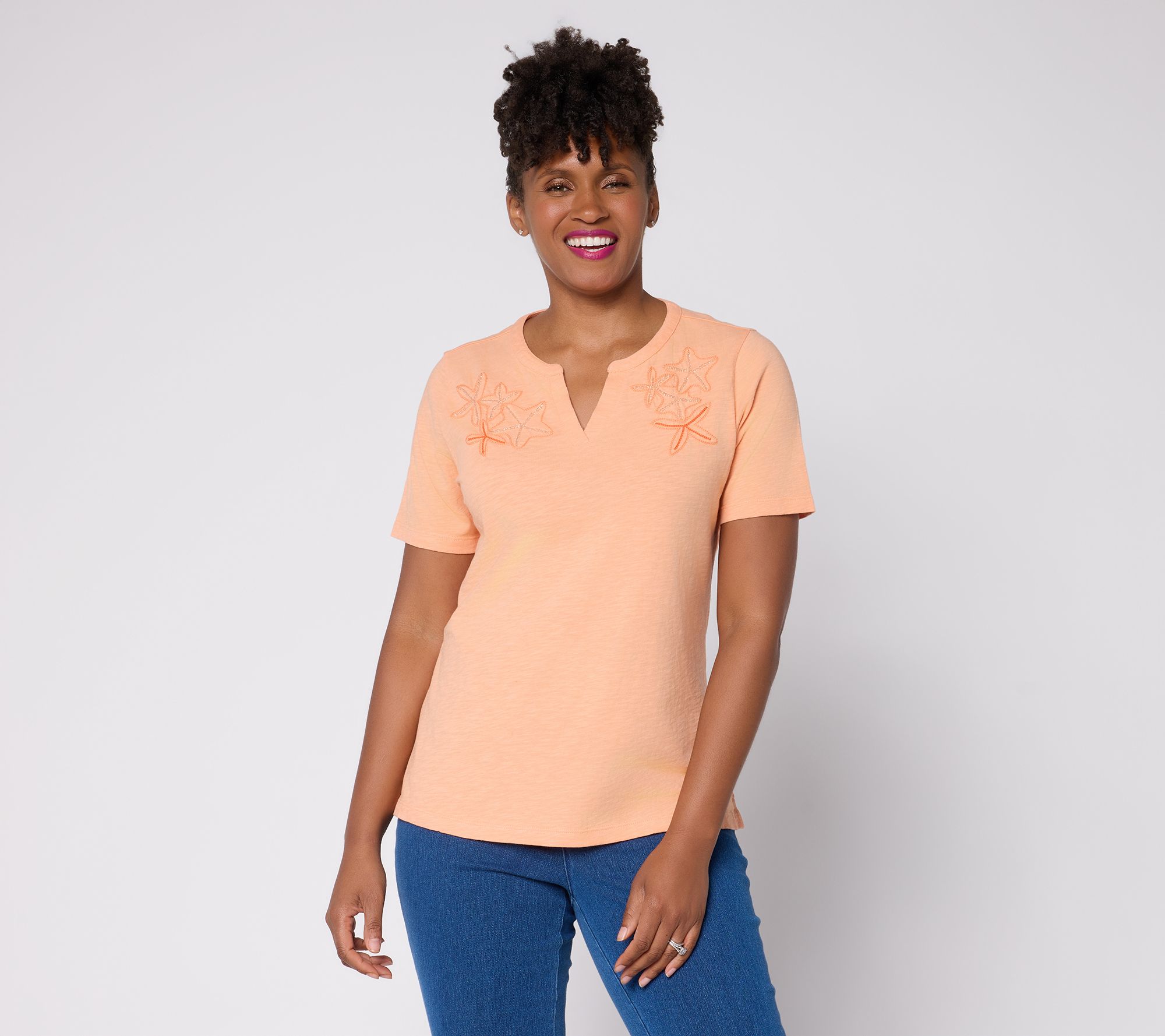 Denim & Co. Slub Jersey Embroidered Short Sleeve Split Neck Top