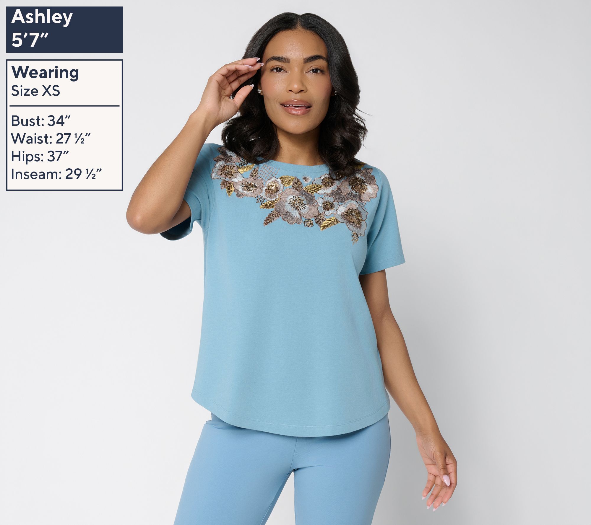 トップス Susan sale Susan Graver Weekend Cotton Modal Jersey Embroidered Crew Neck Top
