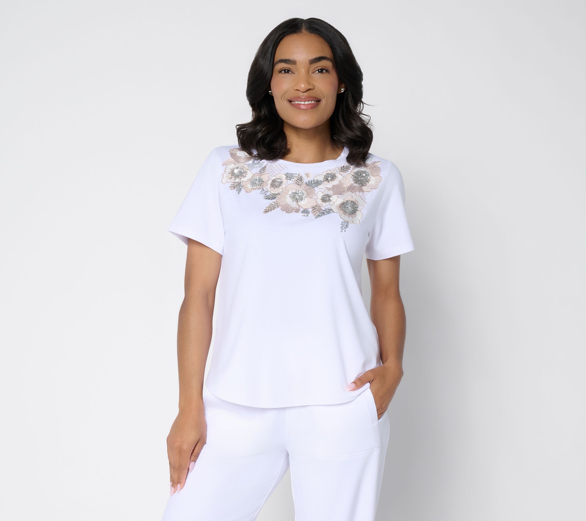 Susan Graver Weekend Cotton Modal Jersey Embroidered Crew Neck Top