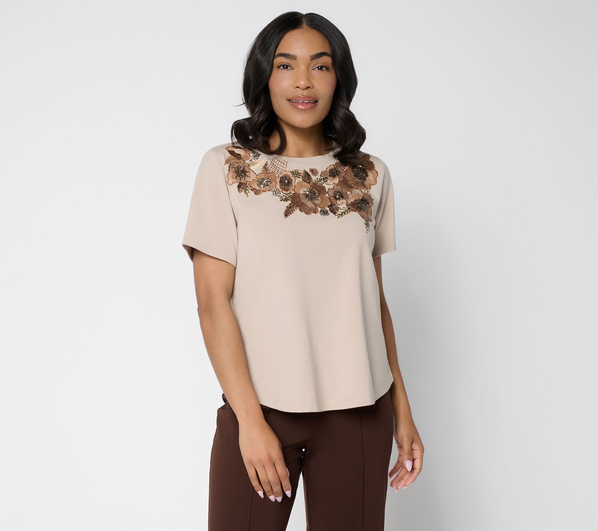 Susan Graver Weekend Cotton Modal Jersey Embroidered Crew Neck Top