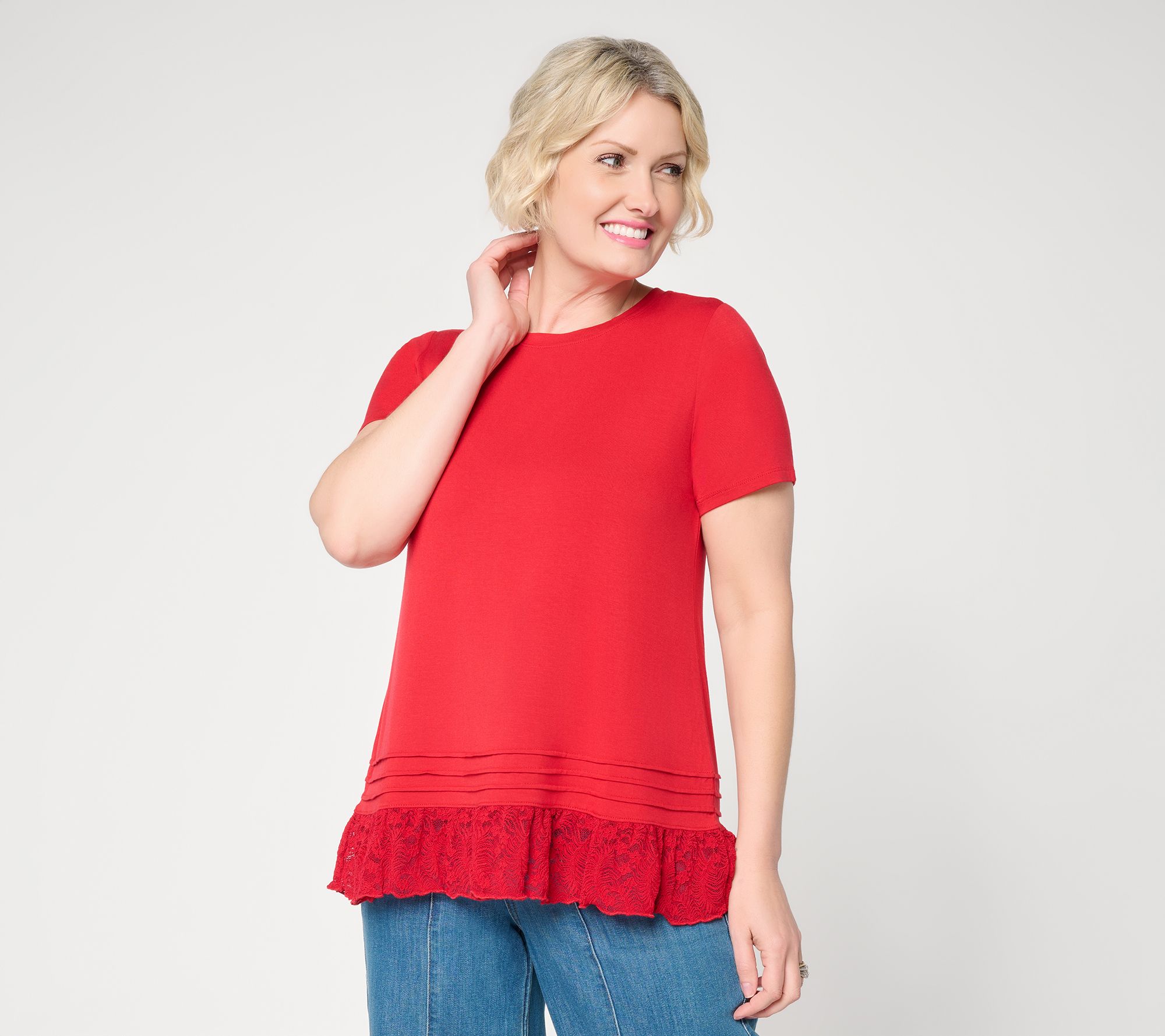 LOGO Layers by Lori Goldstein Short Sleeve Knit Top with Lace Hem