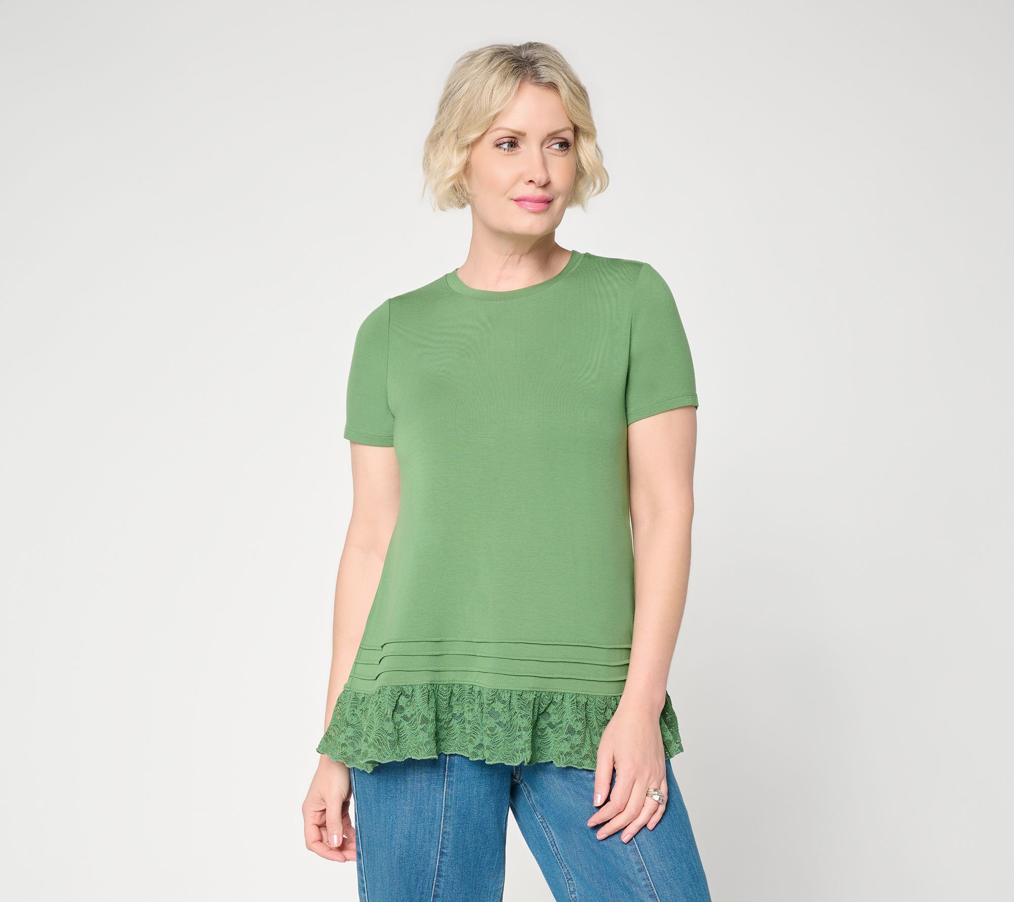 LOGO Layers by Lori Goldstein Short Sleeve Knit Top with Lace Hem