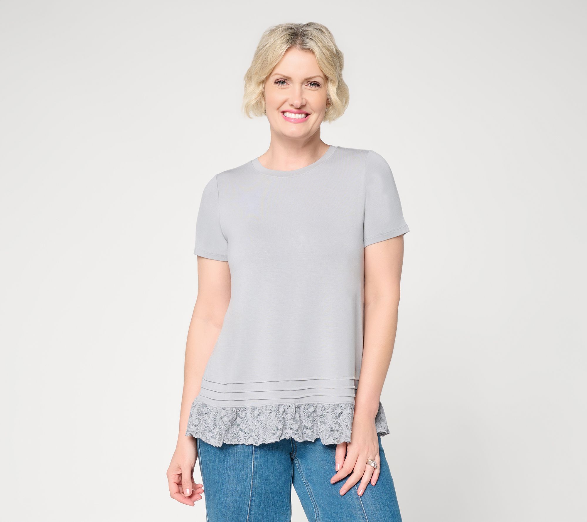 LOGO Layers by Lori Goldstein Short Sleeve Knit Top with Lace Hem