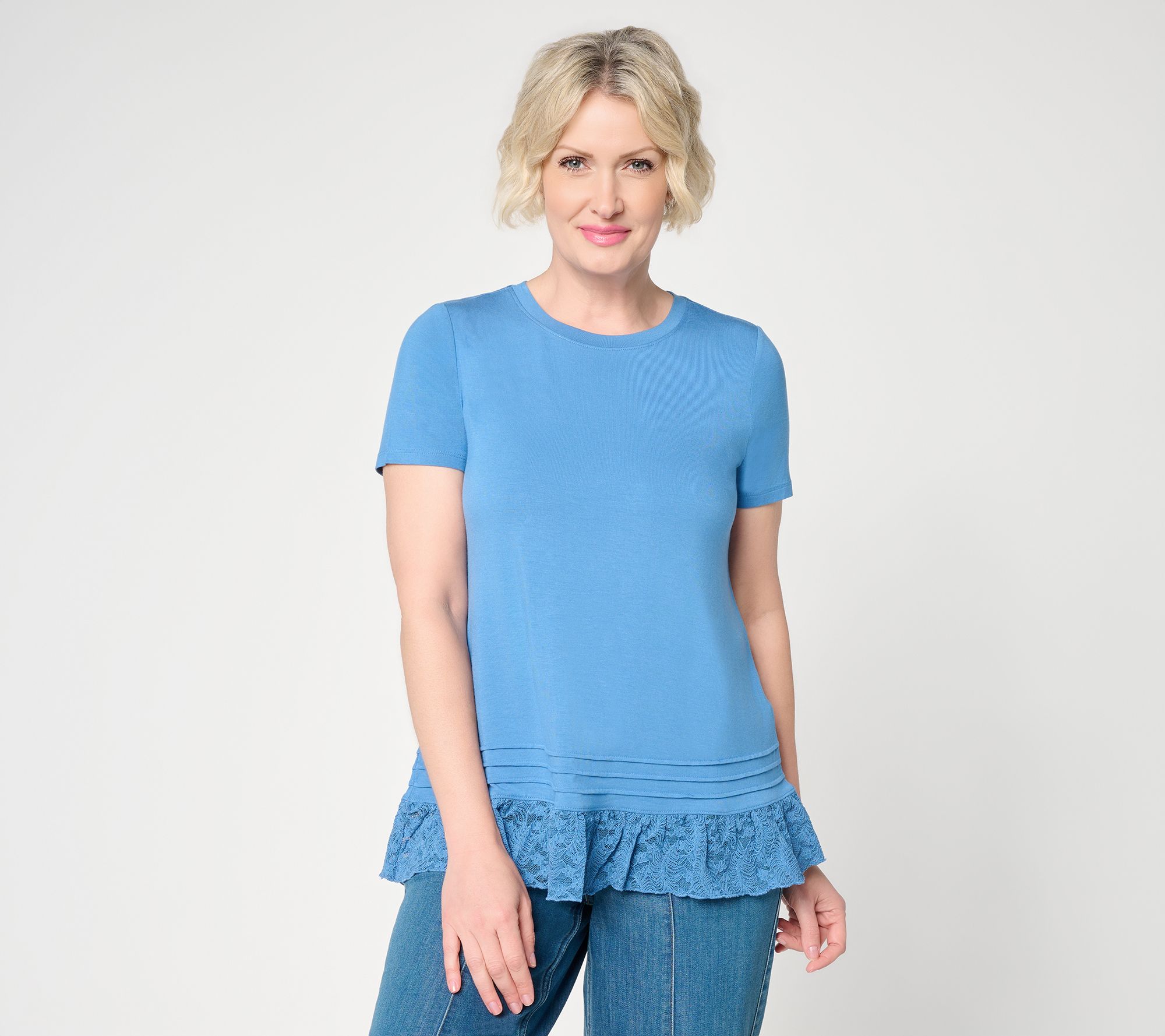 LOGO Layers by Lori Goldstein Short Sleeve Knit Top with Lace Hem