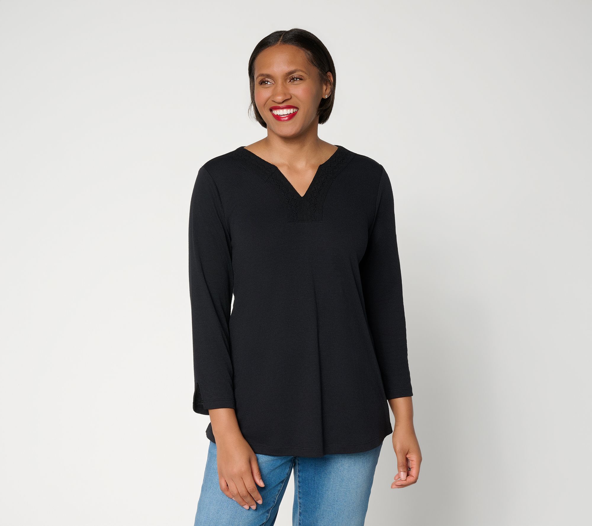 "As Is" Denim & Co. Beach Reg Knit Gauze Tunic with Crochet Trim