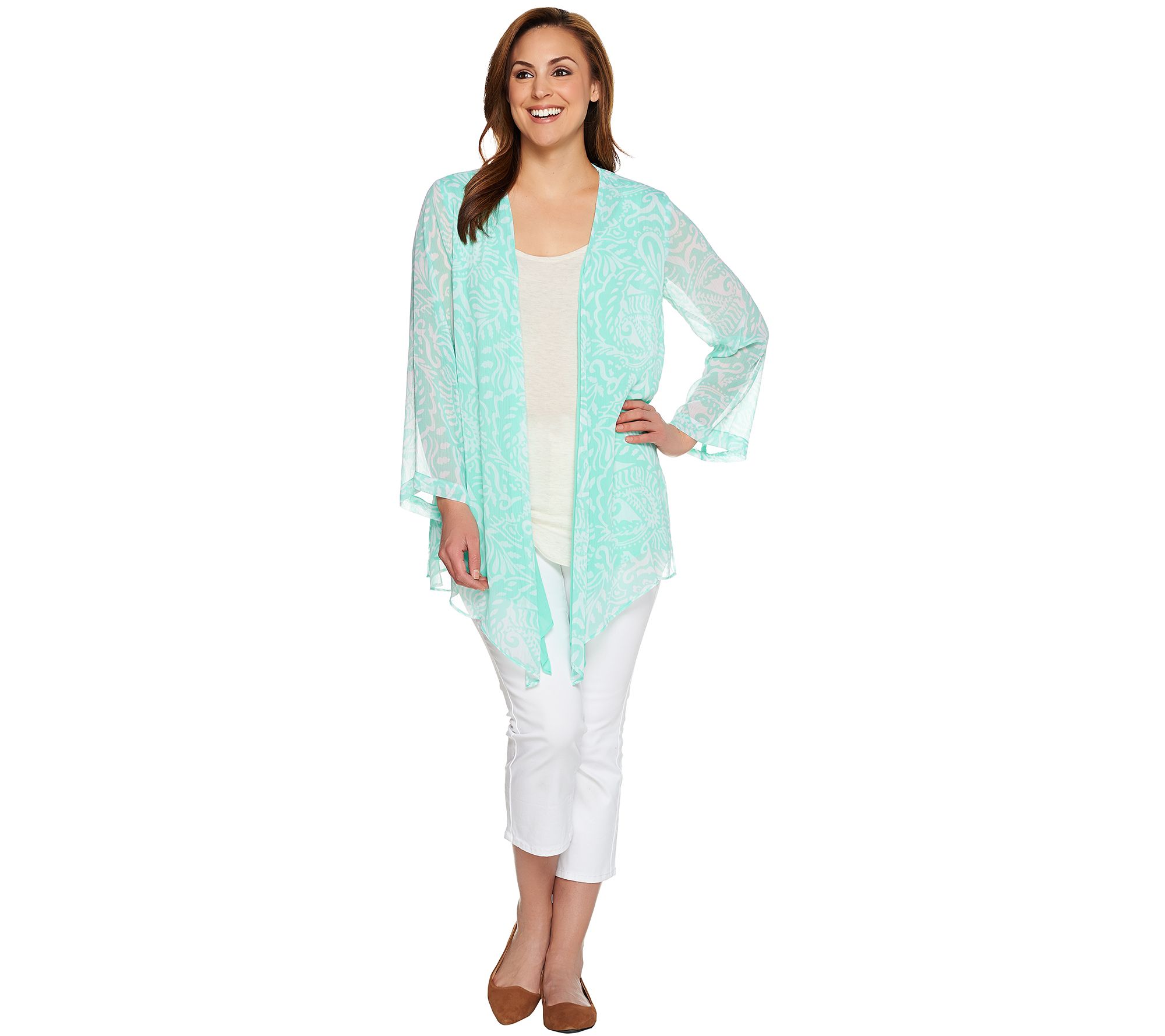 Susan Graver Printed Crinkle Chiffon Cardigan with Solid Layer - QVC.com