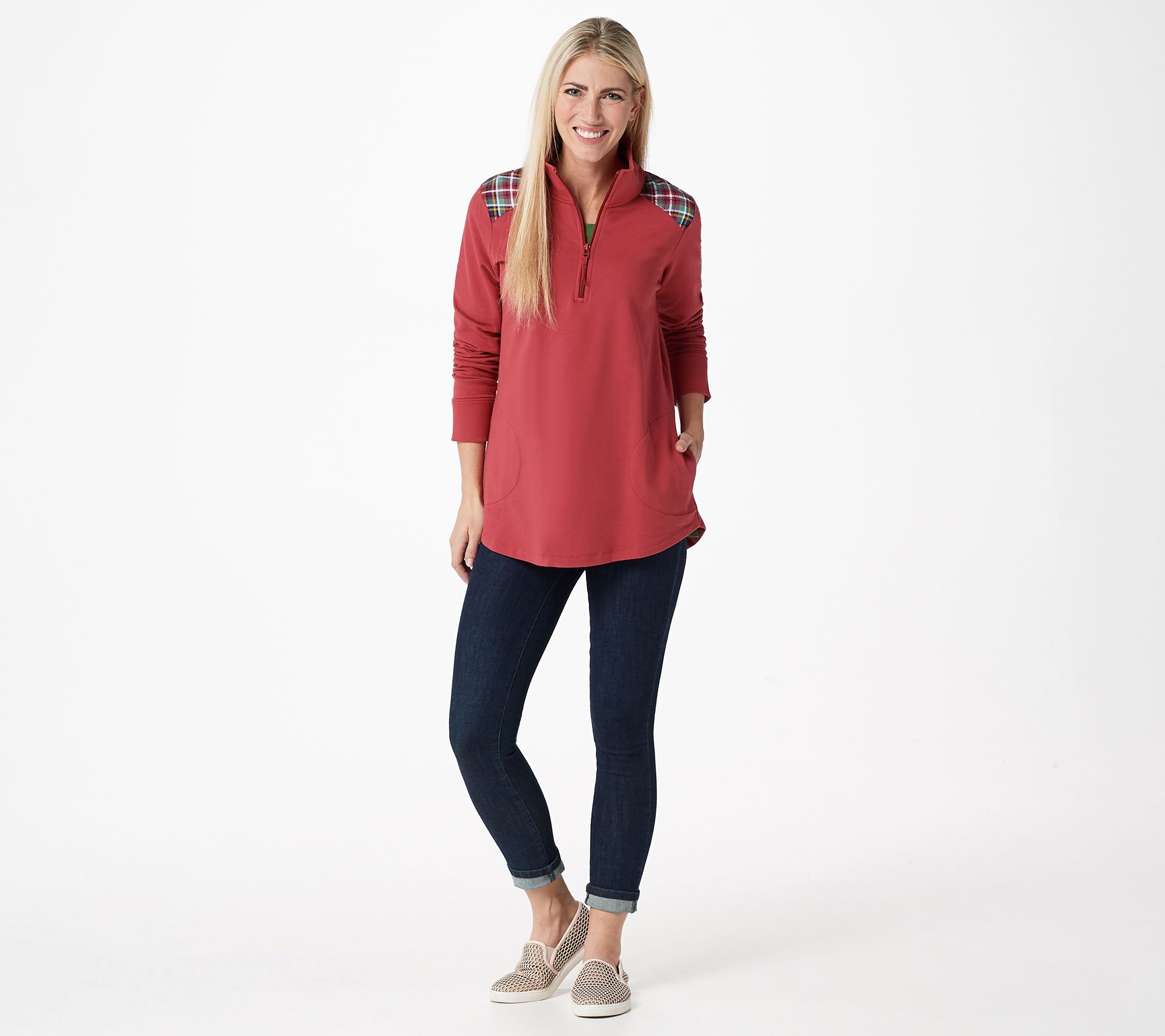 Denim & Co. Active French Terry Half Zip Tunic with Pockets - QVC.com