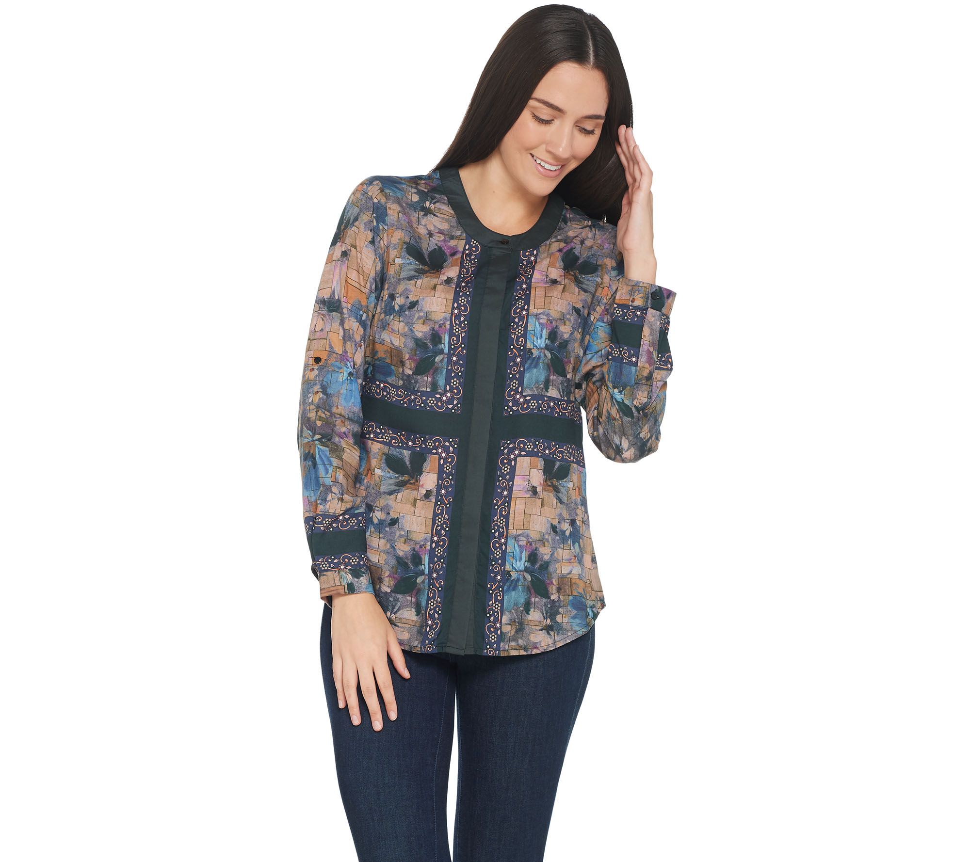 Tolani Collection Roll-Tab Sleeve Button Front - A345935