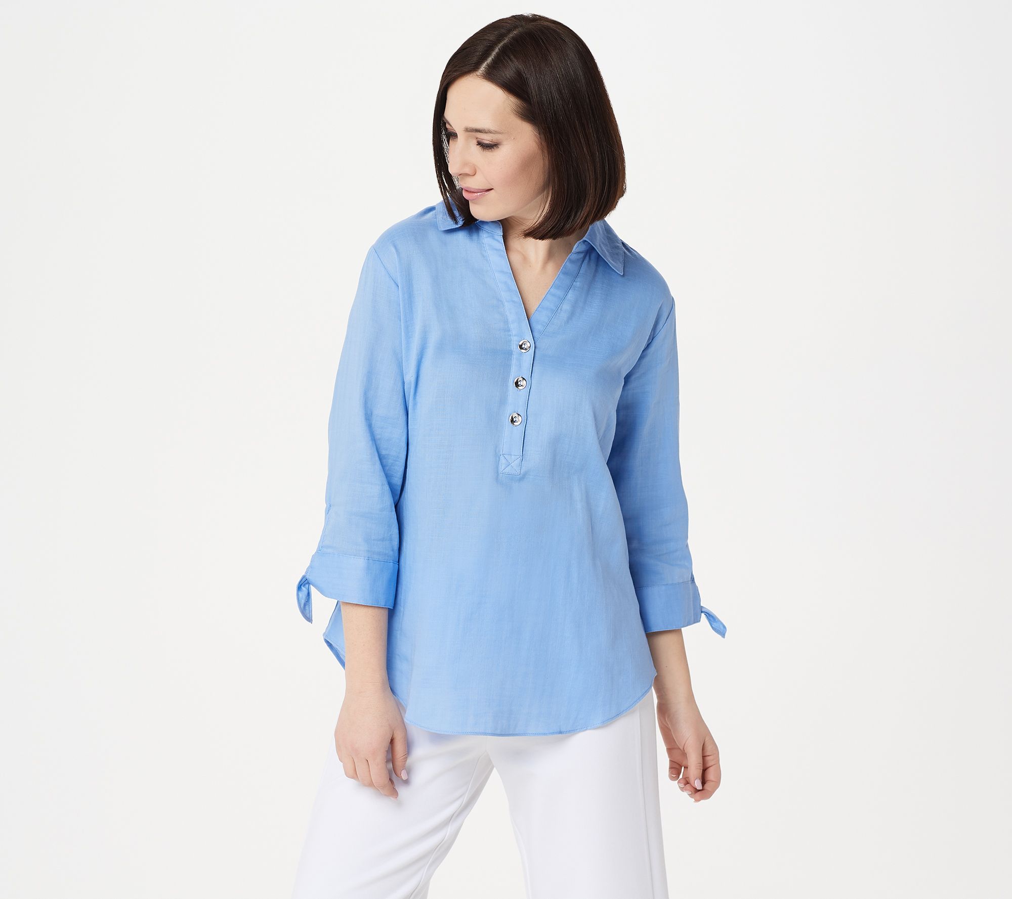 H by Halston Woven Button Front Shirt with Tie Sleeve Detail - QVC.com