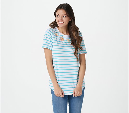 Quacker Factory Striped Embroidered Top