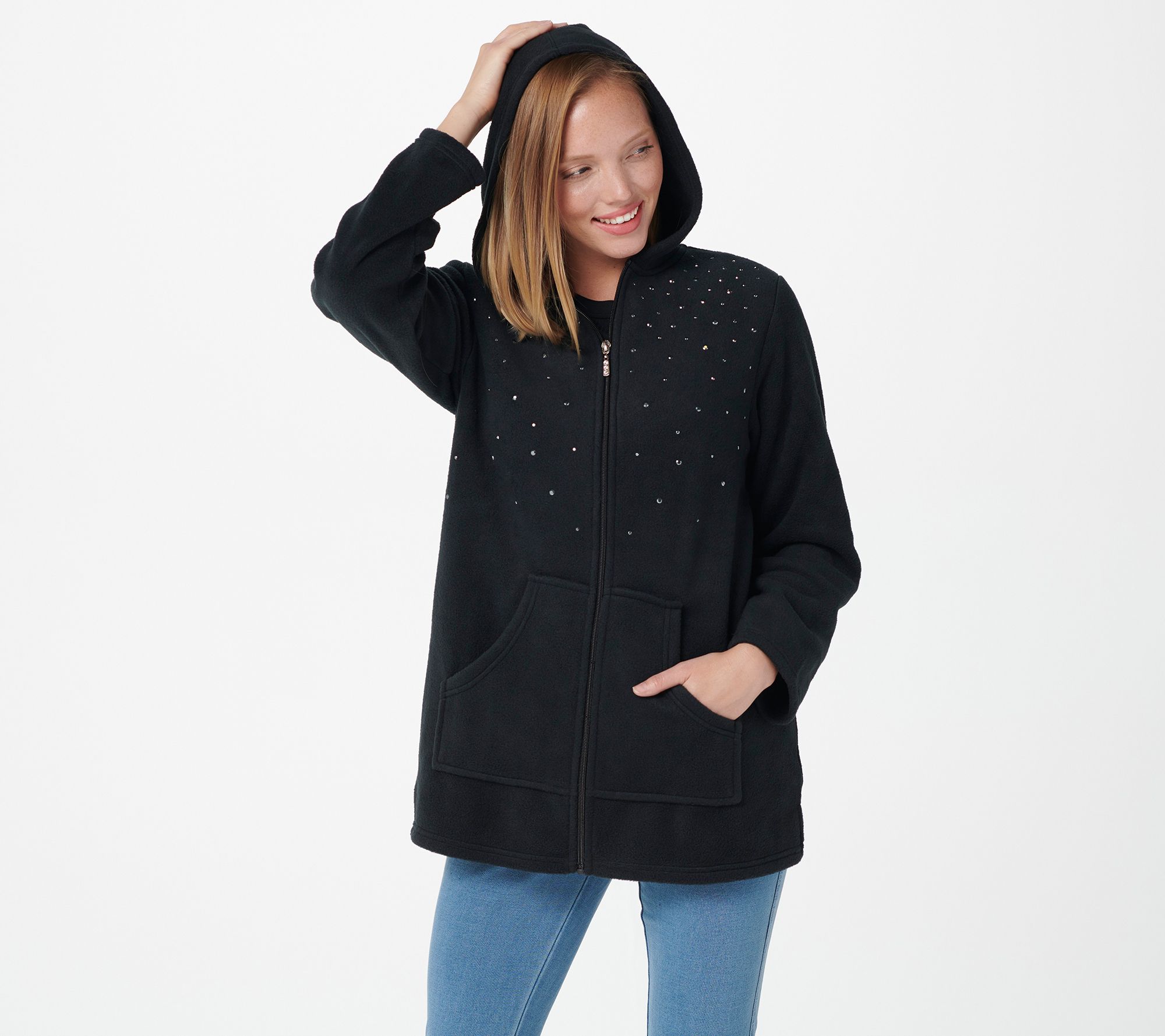 "As Is" Quacker Factory Embellished Fleece Zip Front Jacket