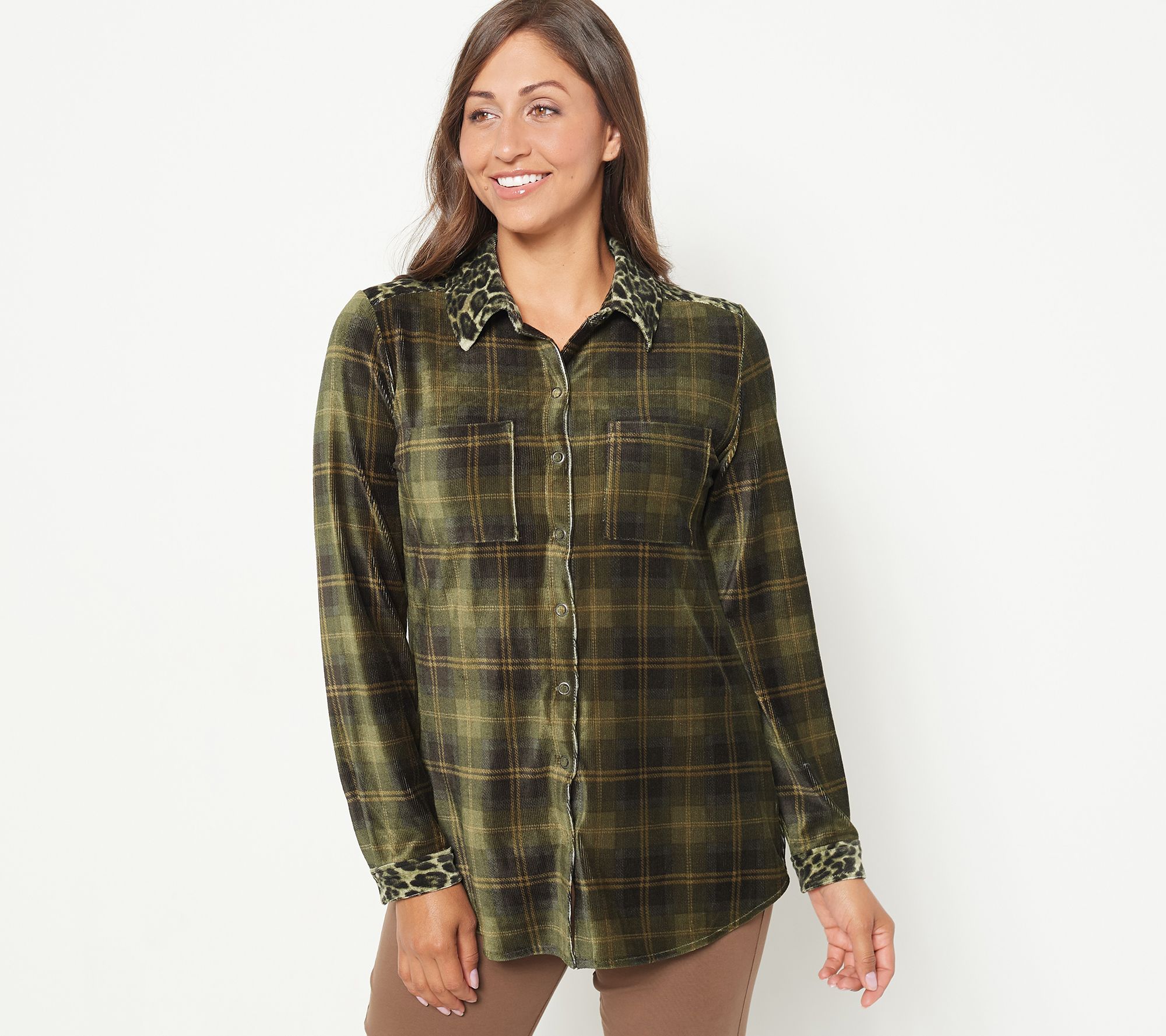 "As Is" Susan Graver Weekend Petite Plaid Knit Corduroy Tunic Shirt