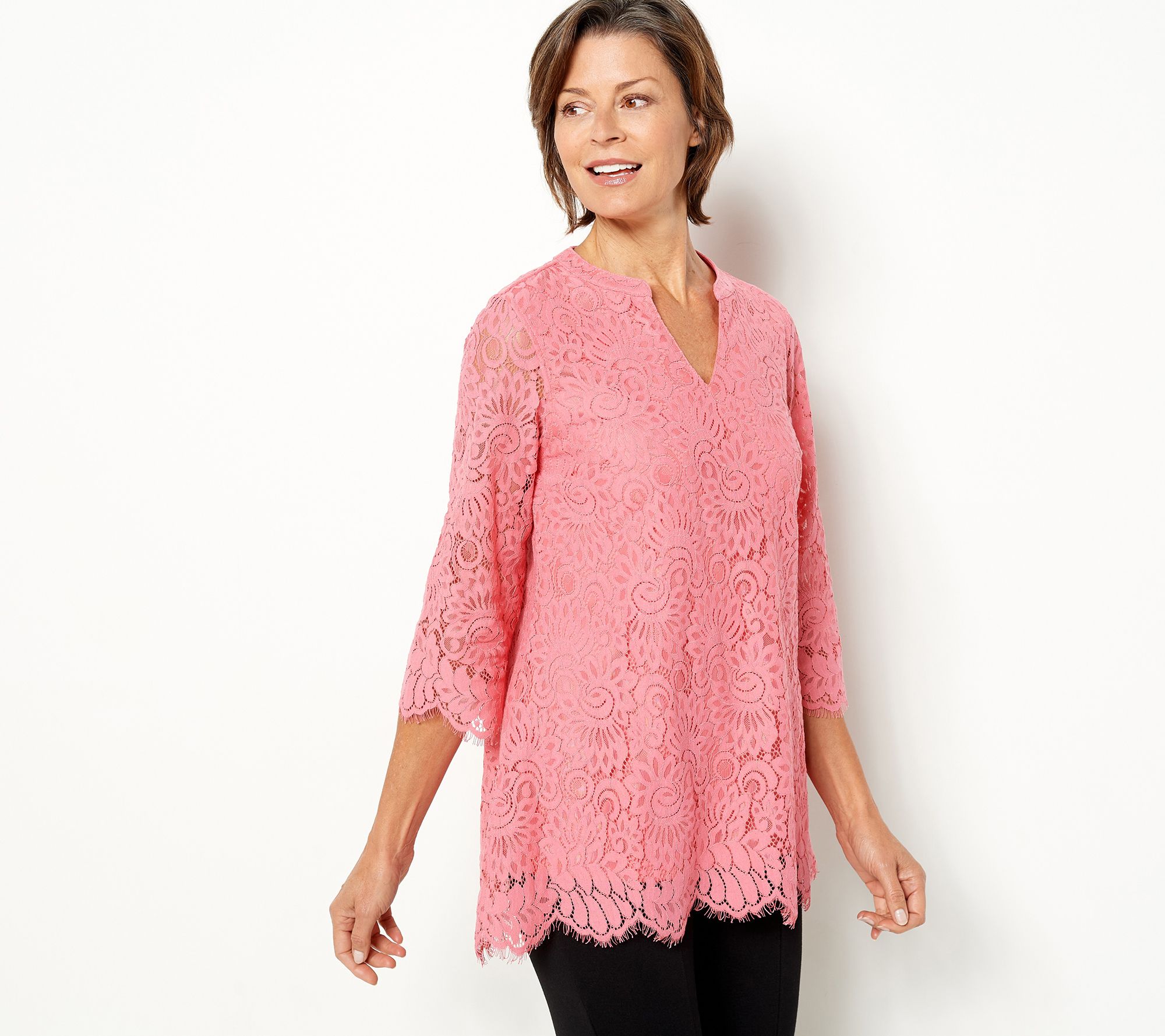 As Is Isaac Mizrahi Live Regular Lace Split Neck Swing Tunic