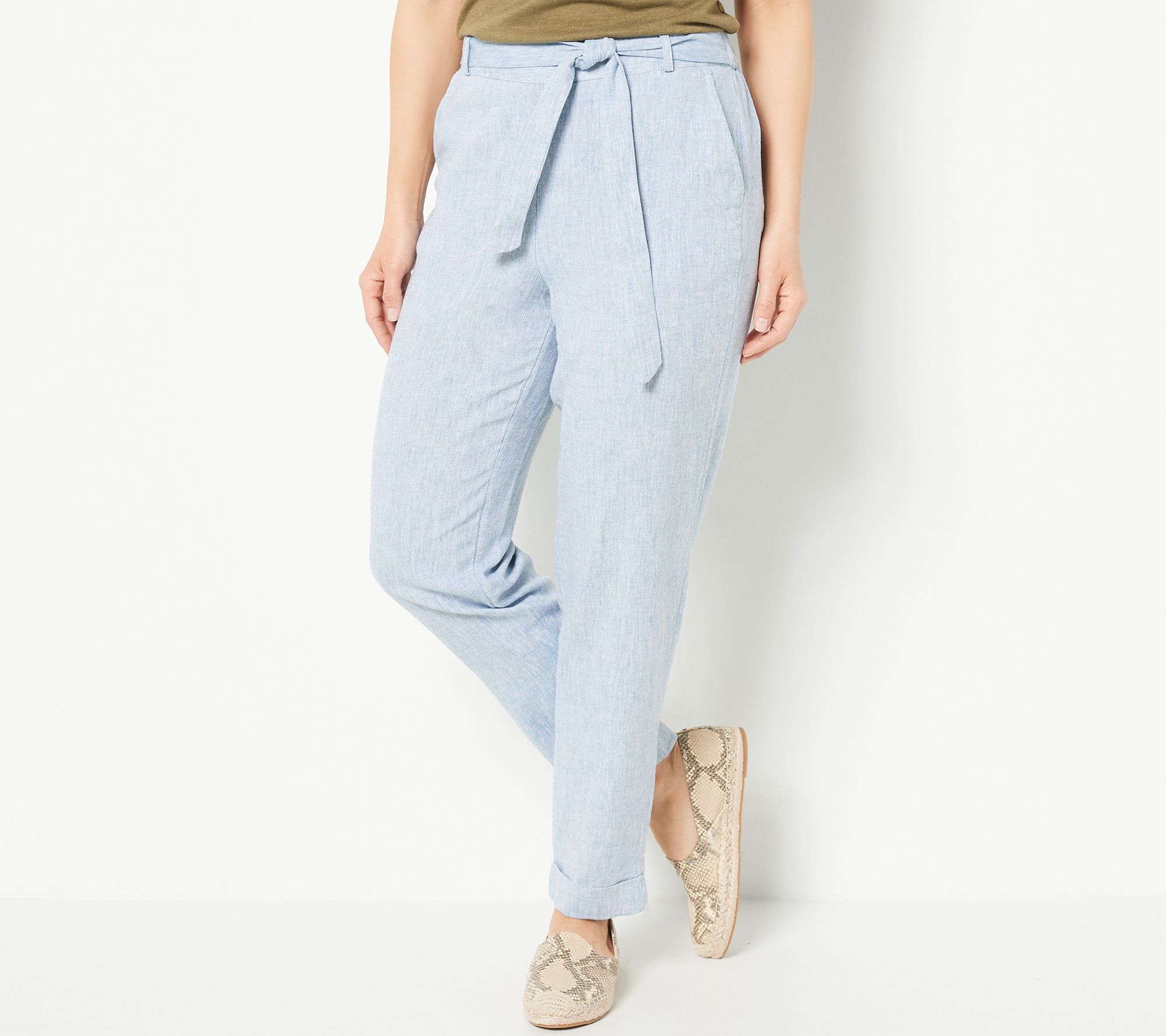 "As Is" Denim & Co. Naturals Regular Linen Blend Self Belt Taper Leg Pants