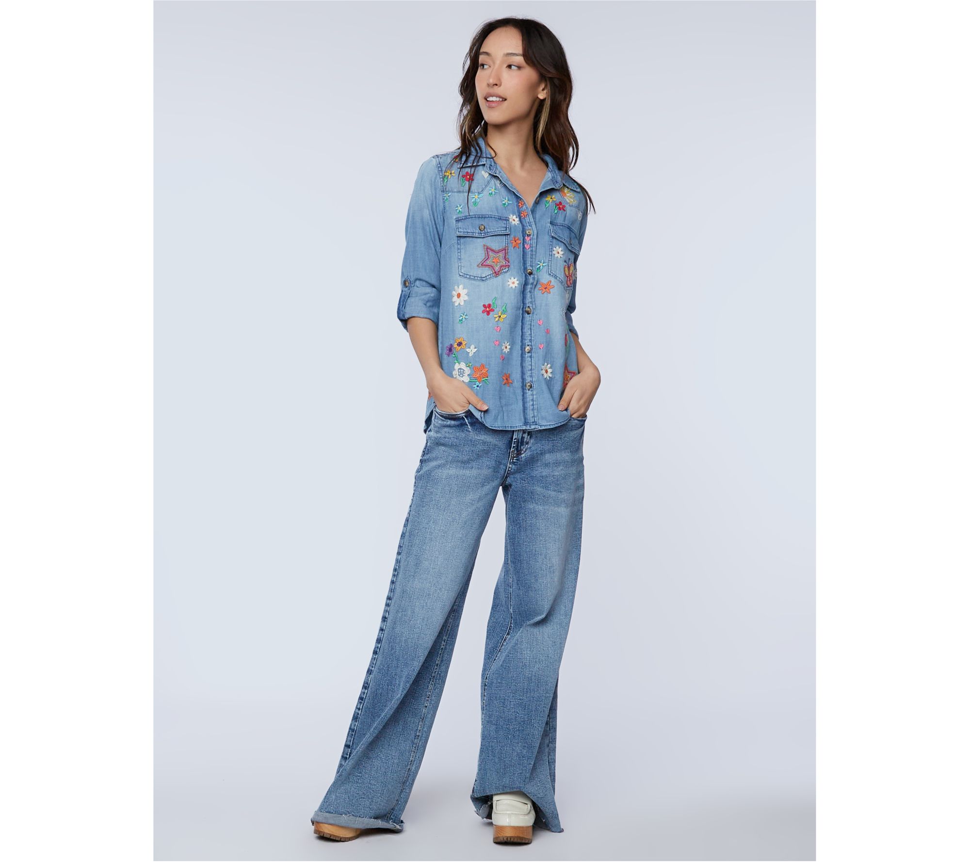 Embroidered denim hot sale shirt womens