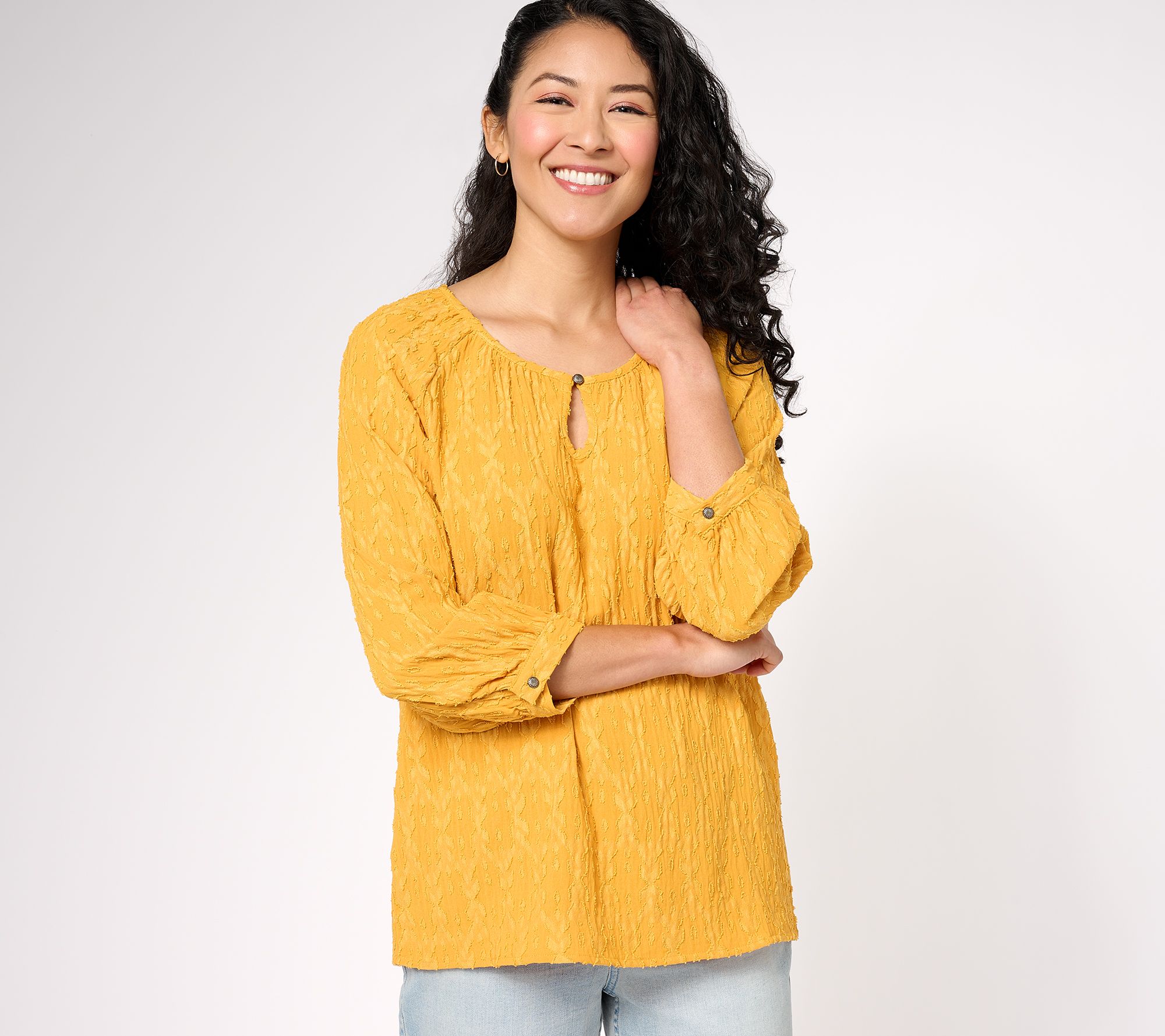 Denim & Co. Canyon Retreat Raglan Sleeve Peasant Top w/ Keyhole Neck