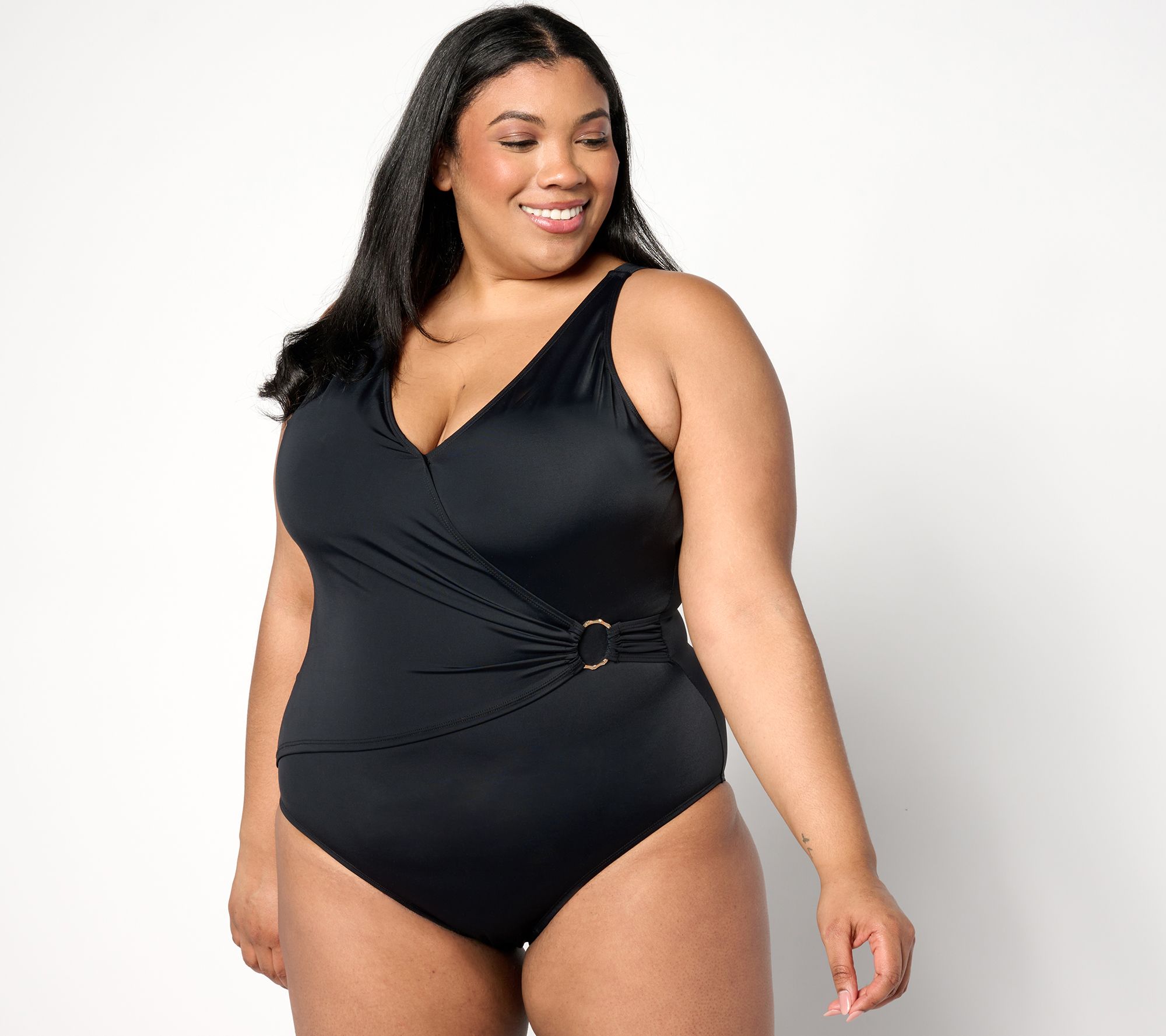 Susan Graver Soleil Wrap Front Swimsuit with Ring Detail