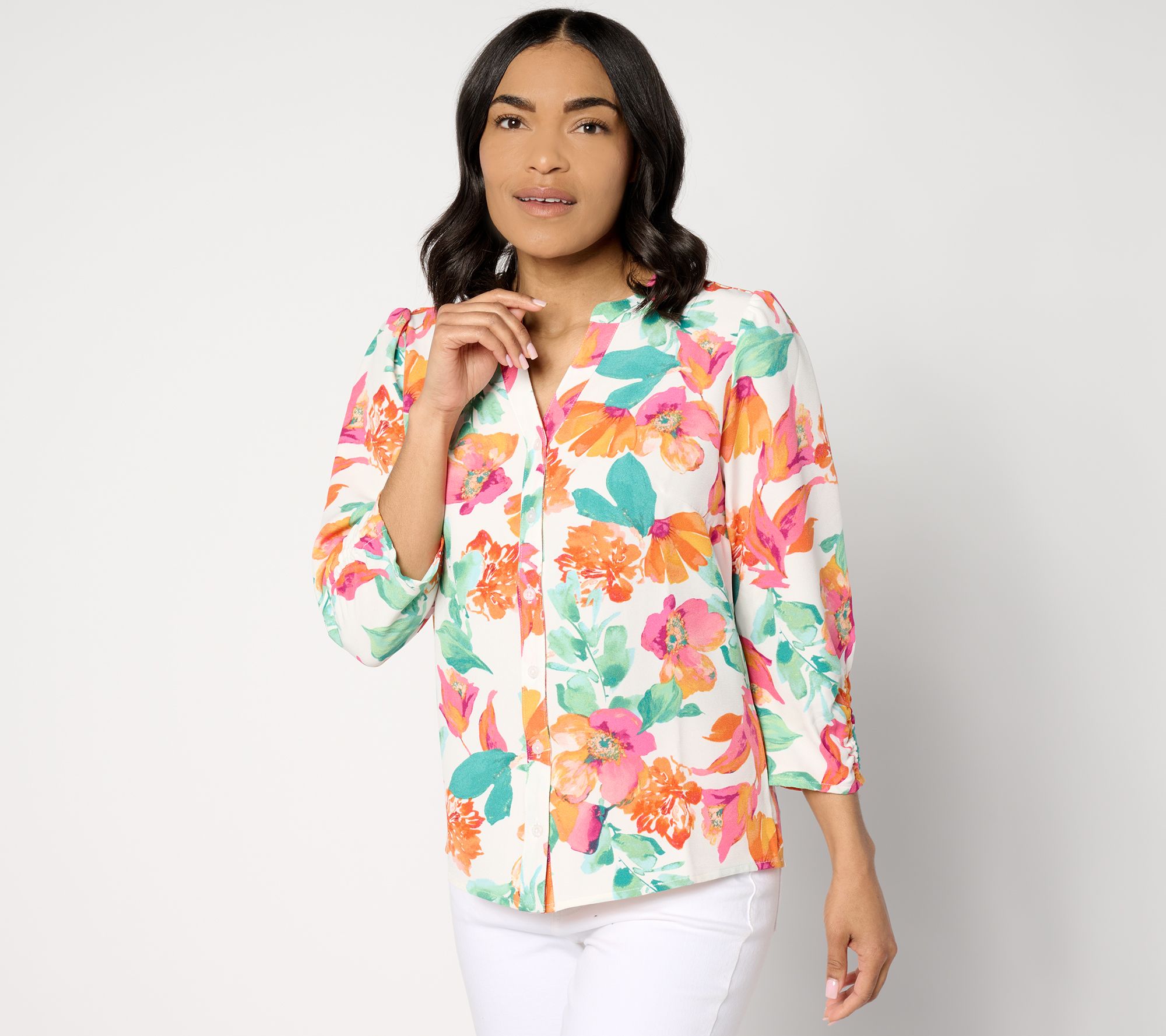 Denim & Co. Printed Y-Neck Blouse with Sleeve Detail