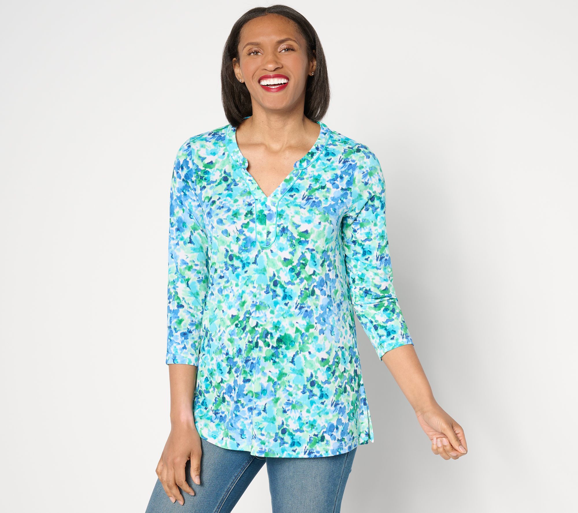 Susan Graver Petite Liquid Knit 3/4 Sleeve Split Neck Tunic - QVC.com