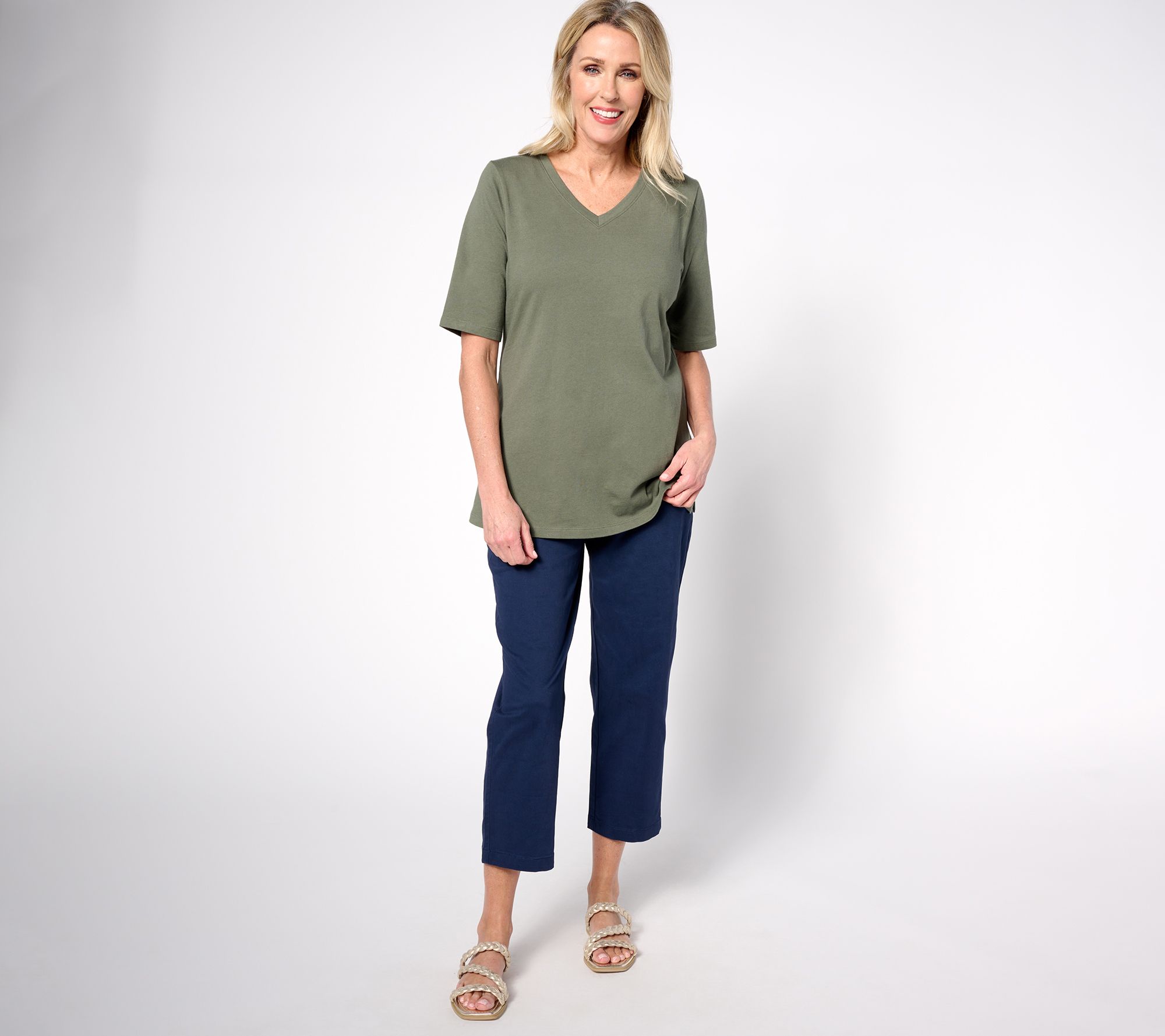 トップス dedisne Denim & Co. Printed Slub Jersey Scoop Neck Curved Hem Top