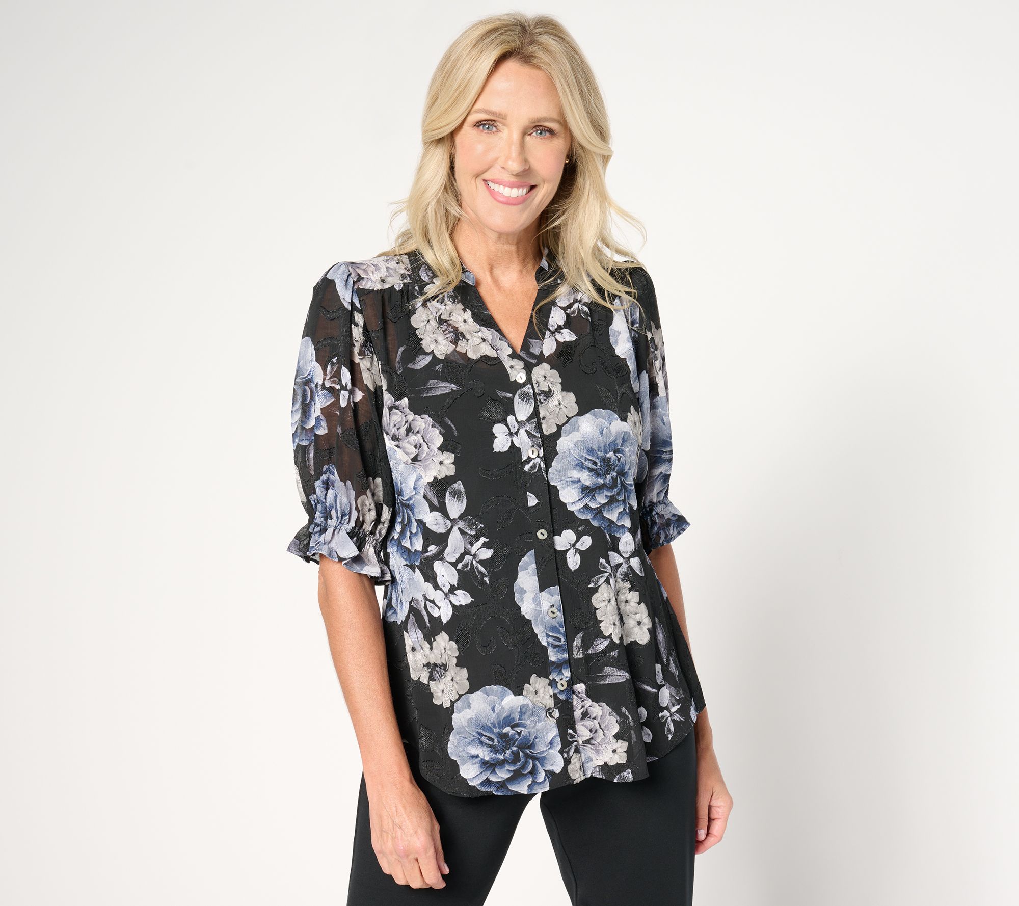 Susan Graver Printed Sheer Clip Jacquard Button Front Puff-Slv Blouse