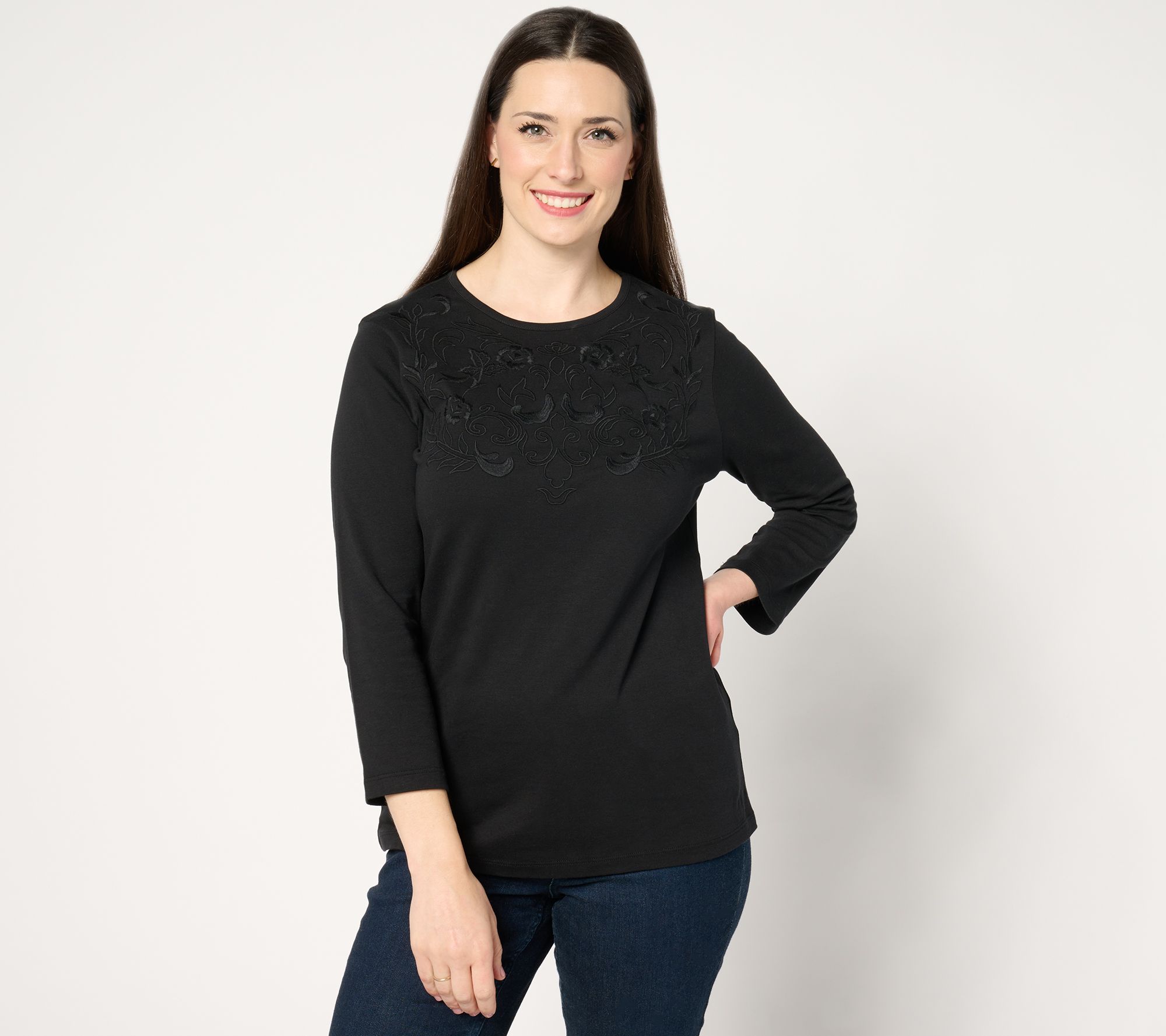 BEAUTIFUL by Lawrence Zarian Embroidered Knit 3/4-Sleeve Top