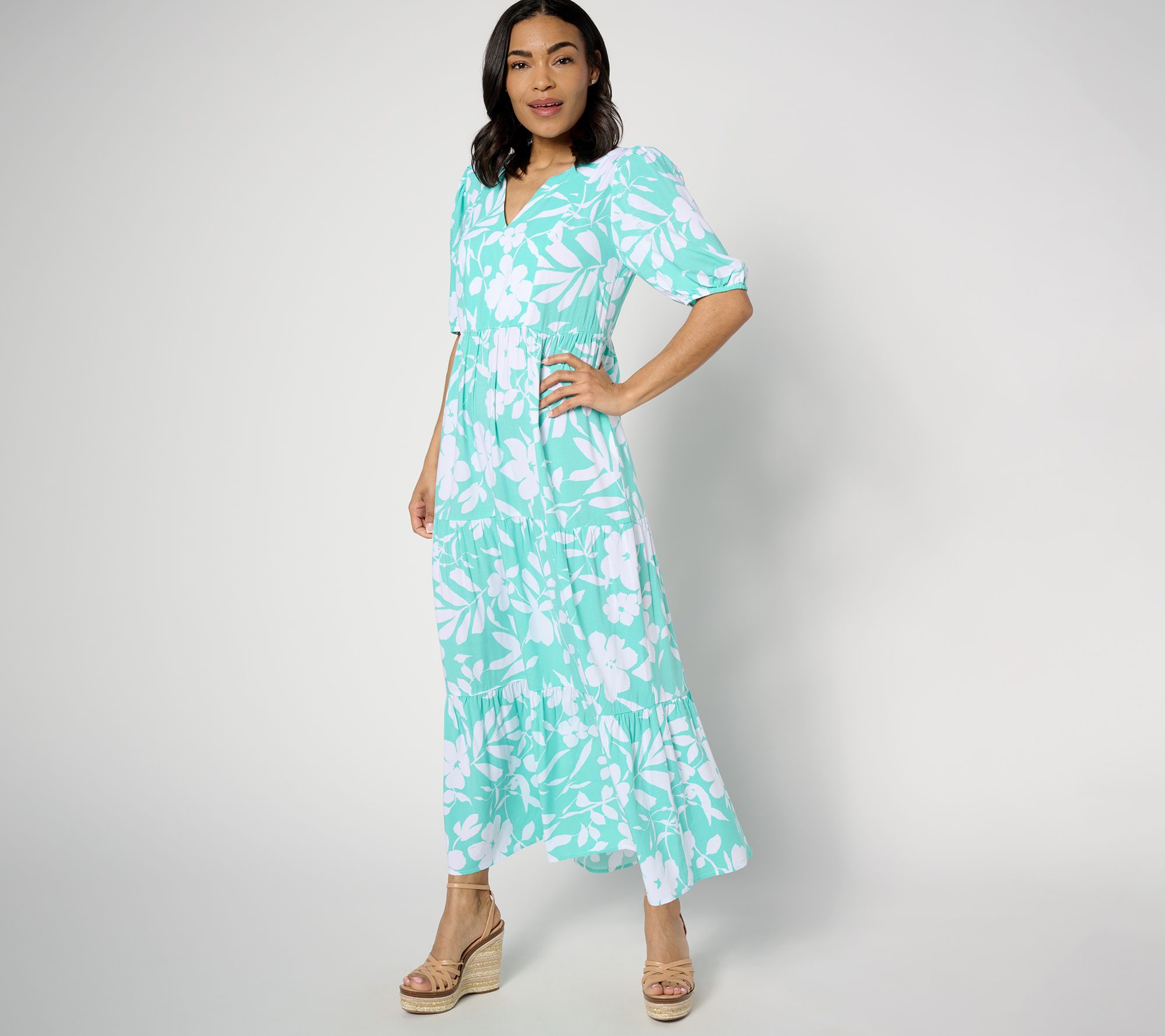 "As Is" Susan Graver Passport Petite Printed Woven Elbow Sleeve Dress
