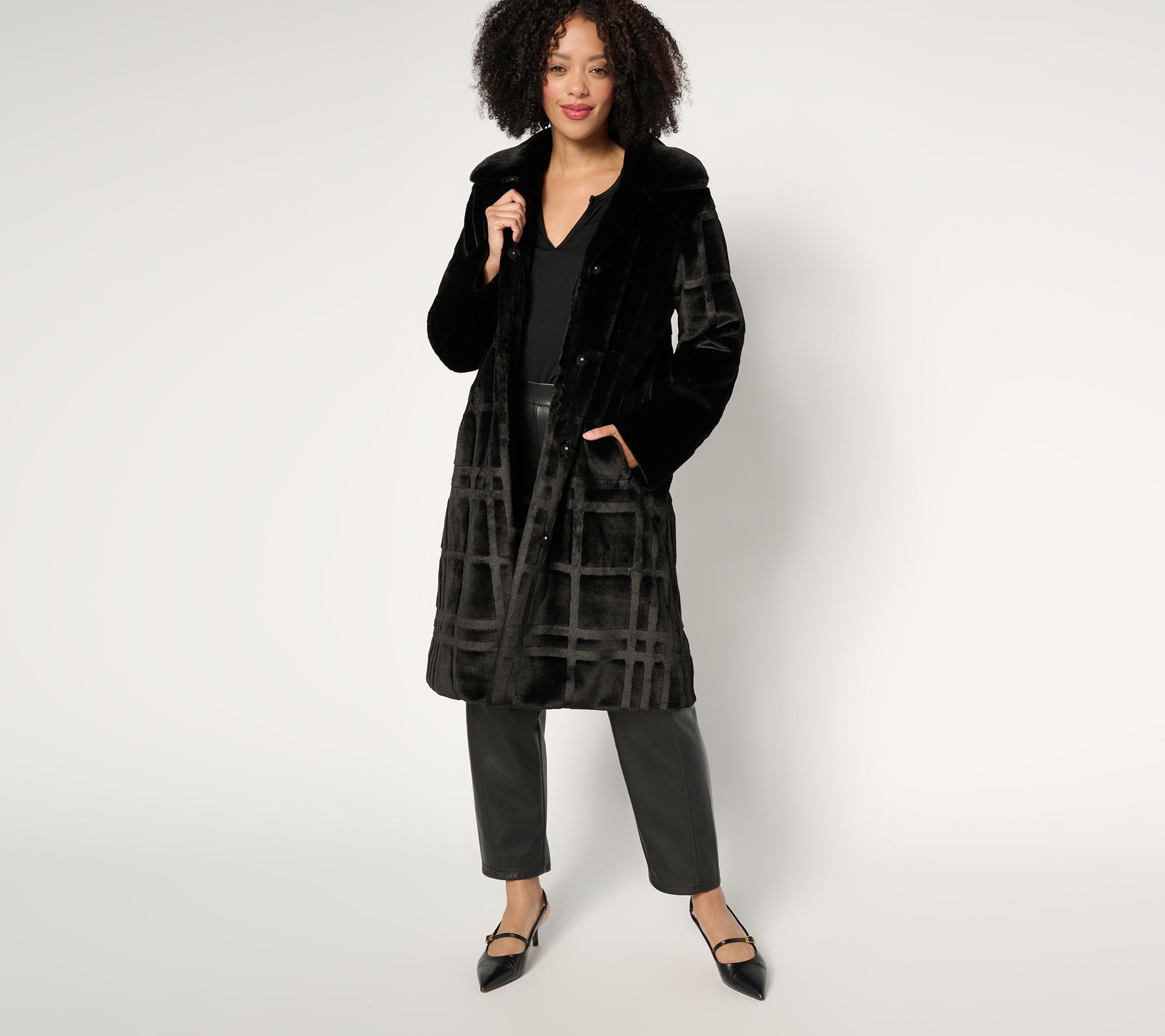 Dennis Basso Regular Sculpted Plaid Faux Fur Coat