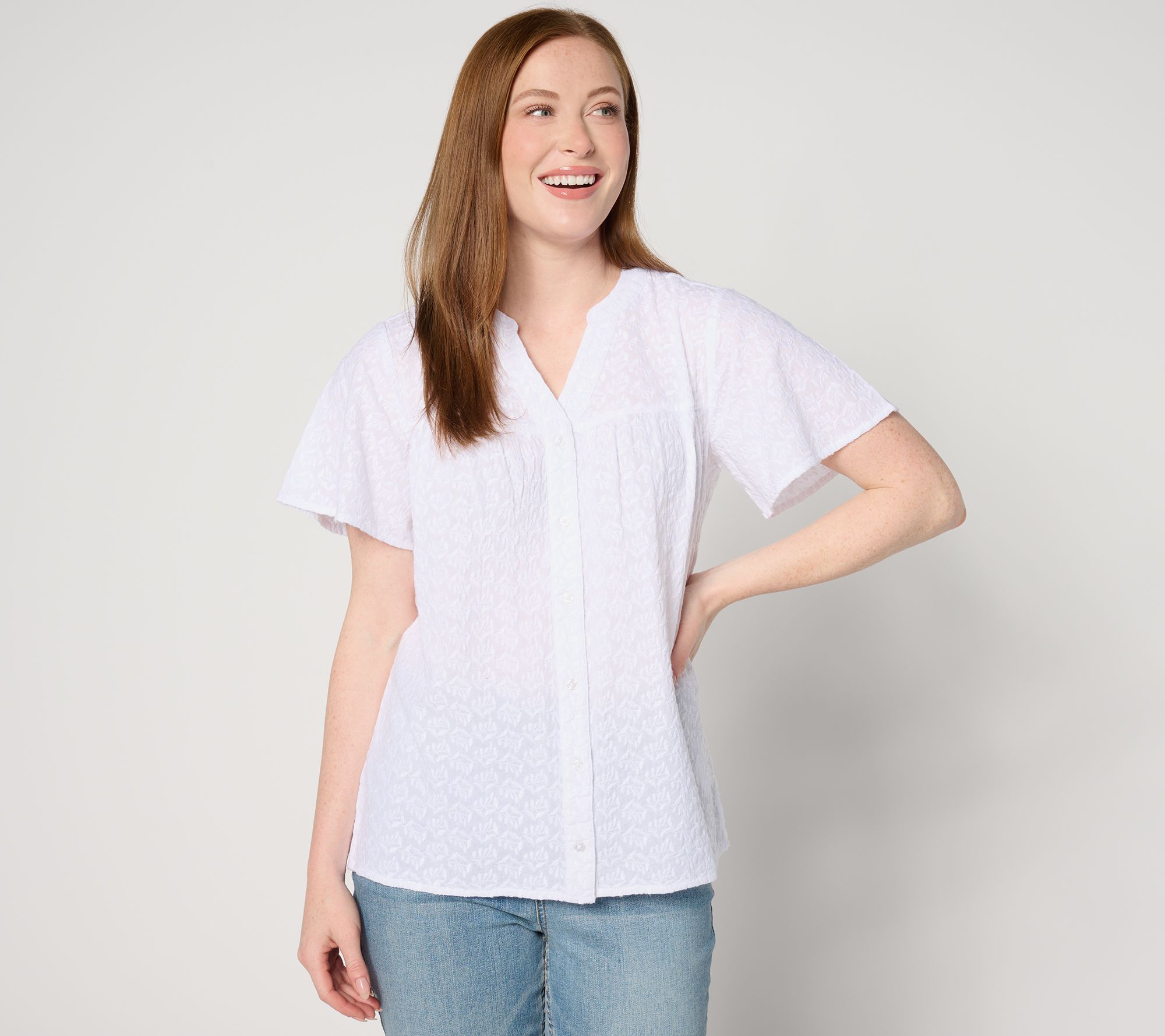 "As Is" Denim & Co. Allover Embroidered Flutter Sleeve Cotton Blouse