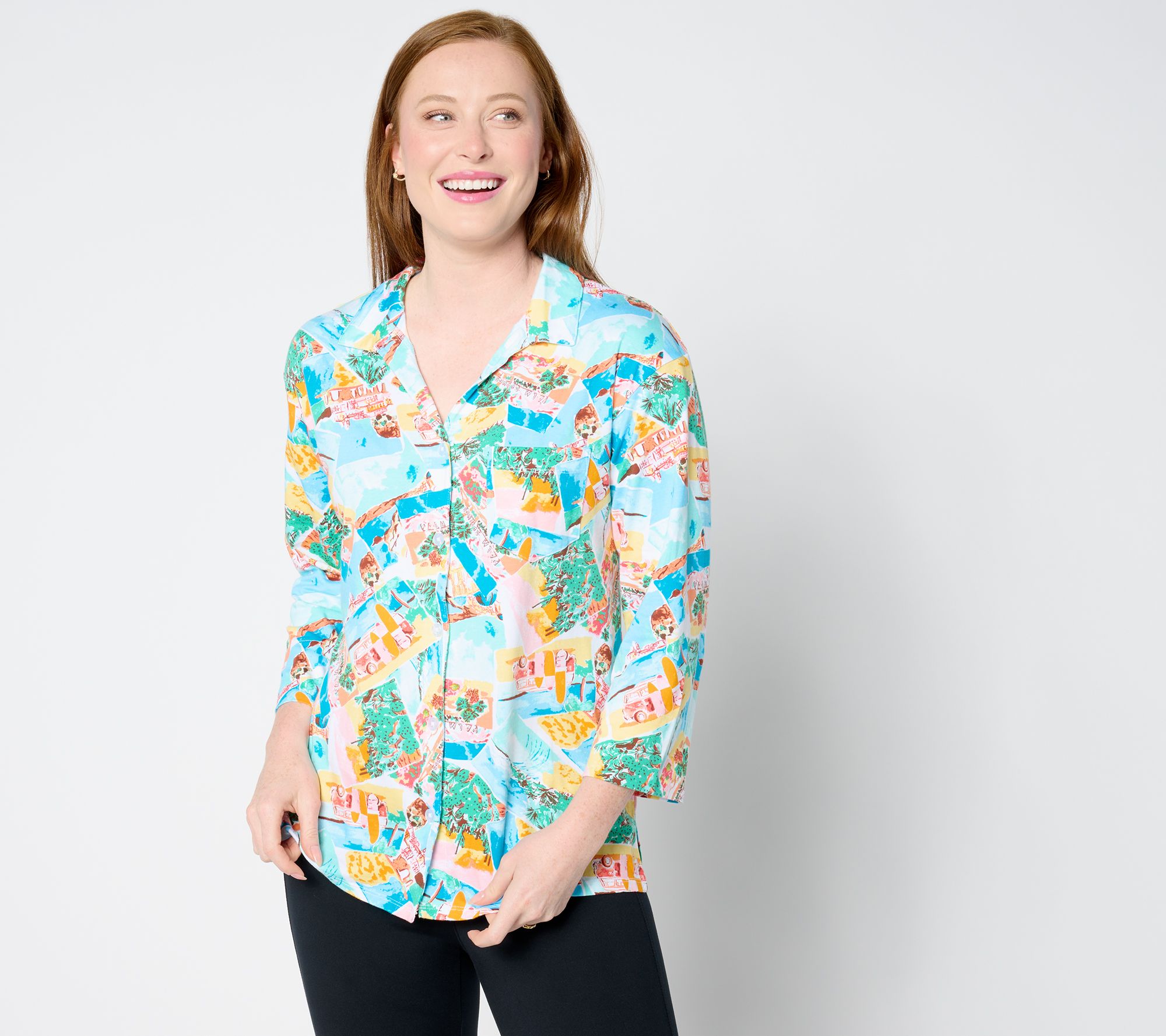 "As Is" Cuddl Duds Cotton Core Notch Collar Vacation Button Up