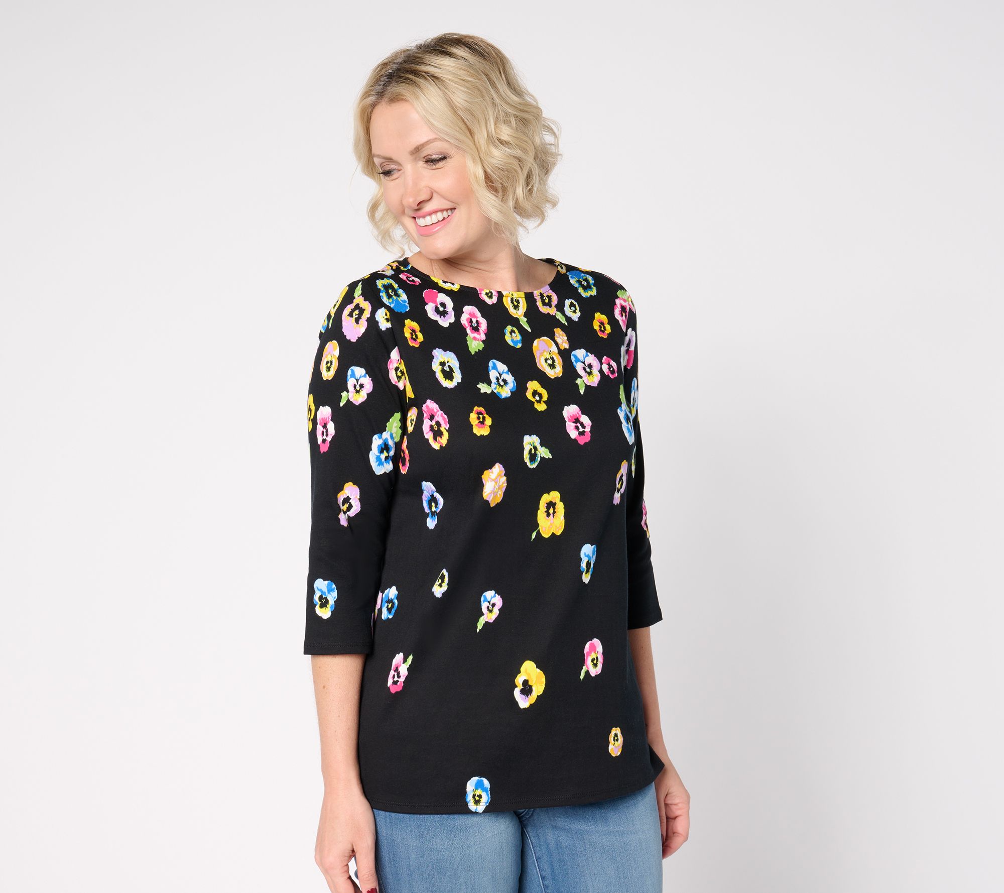 Quacker Factory Pretty Pansies Printed 3/4 Sleeve Top