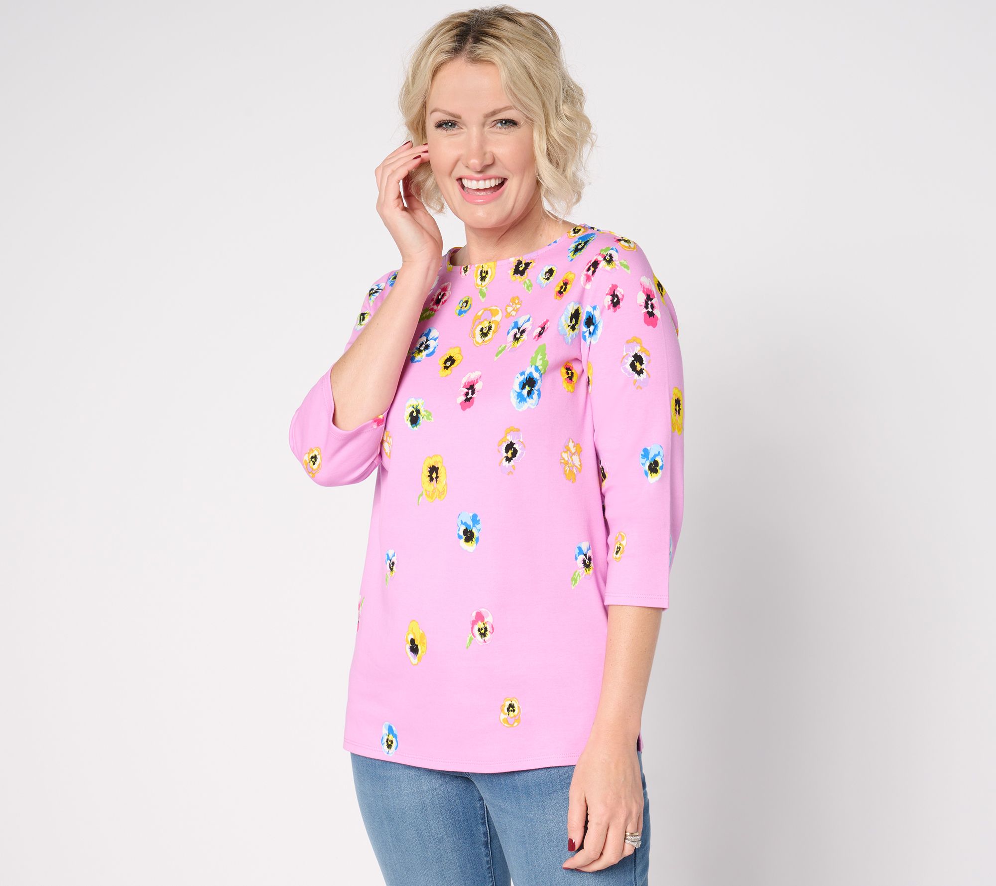 Quacker Factory Pretty Pansies Printed 3/4 Sleeve Top